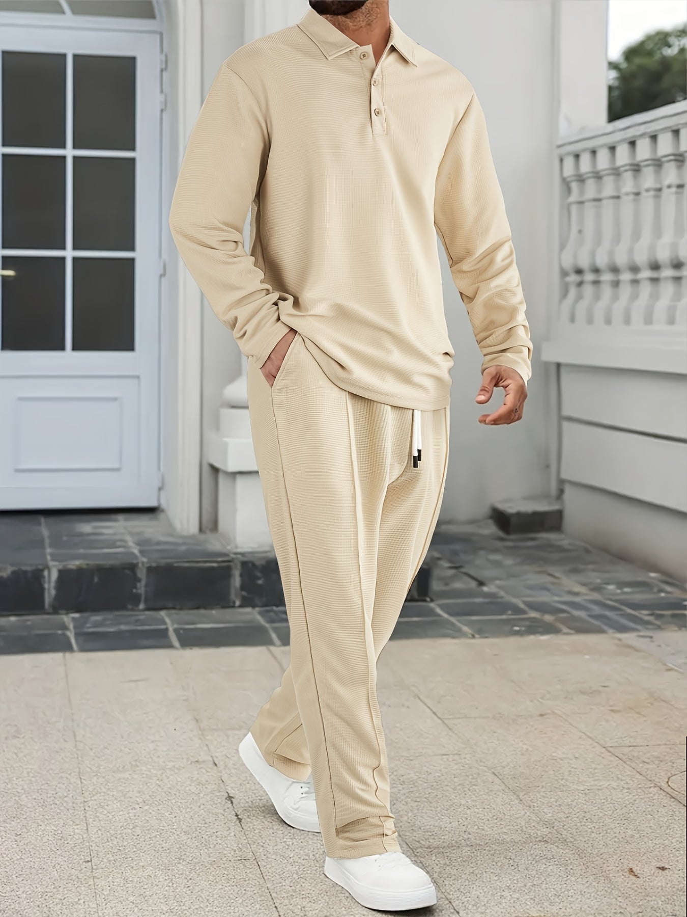 [Comfortable Men's Set] 2pcs Men's Long-Sleeve Shirt and Drawstring Pants Set - Clean, Comfortable, Breathable