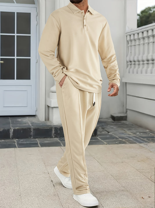 [Comfortable Men's Set] 2pcs Men's Long-Sleeve Shirt and Drawstring Pants Set - Clean, Comfortable, Breathable