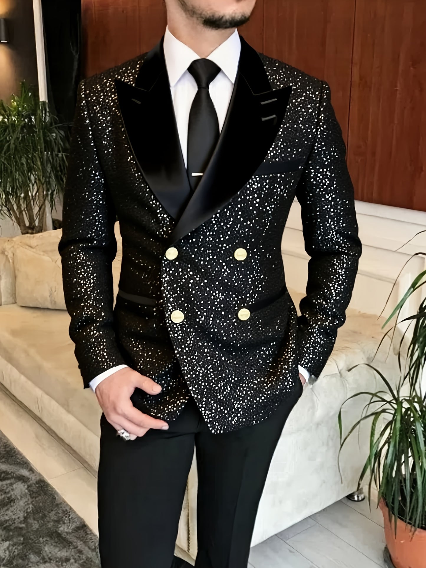 Plus Size Men's Shiny Sequin Embellished Double-Breasted Suit Jacket with Pointed Collar - Sparkling Party Wedding Gala Uniform Coat, Machine Washable Year-Round Formal Attire (No Dry Clean) - Luxury Tailoring for Men, PLUS S