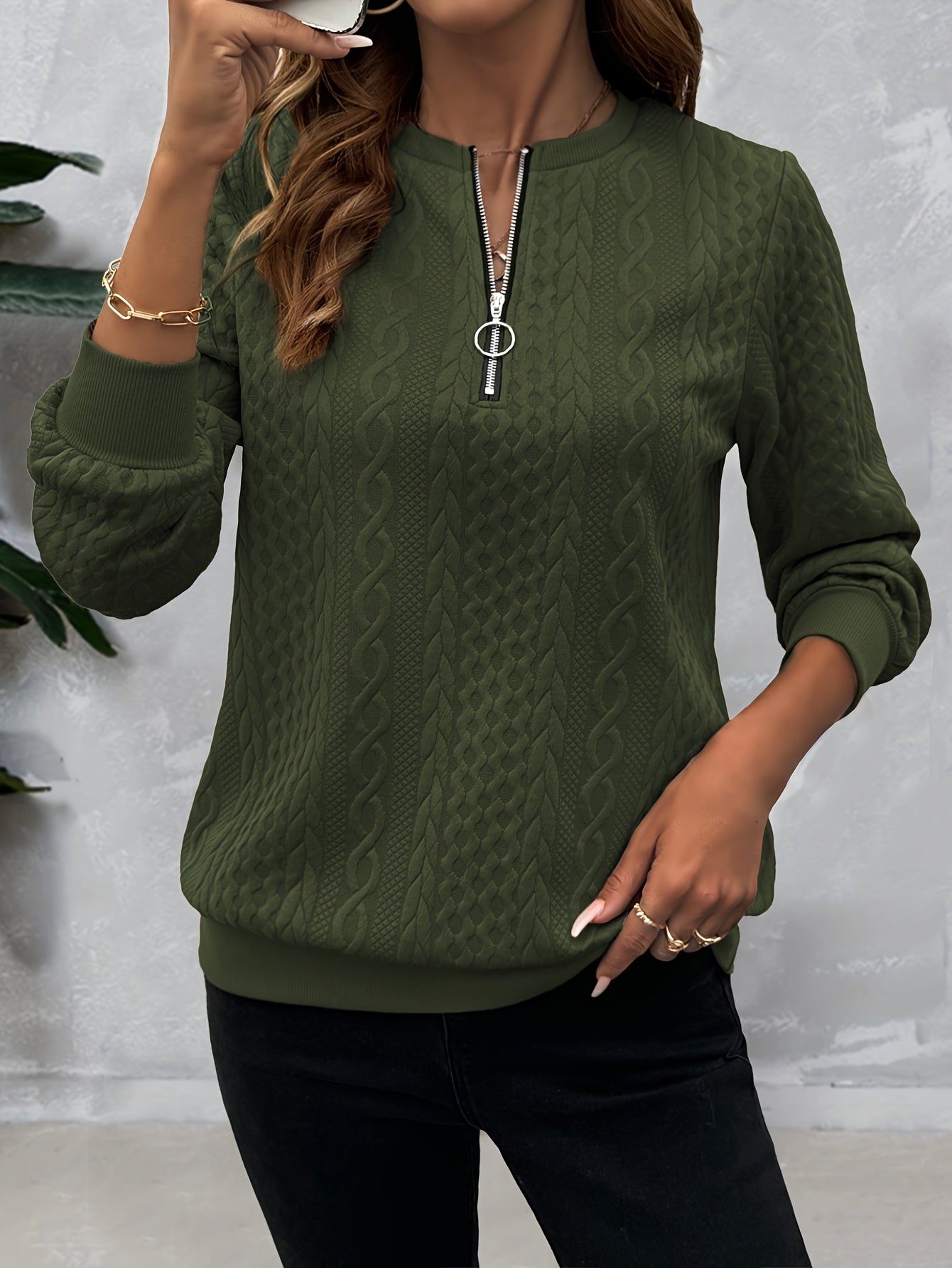 [Casual Sweatshirt] Casual Textured Half Zipper Pullover Sweatshirt | Women's Long Sleeve Sweatshirt For Fall & Spring