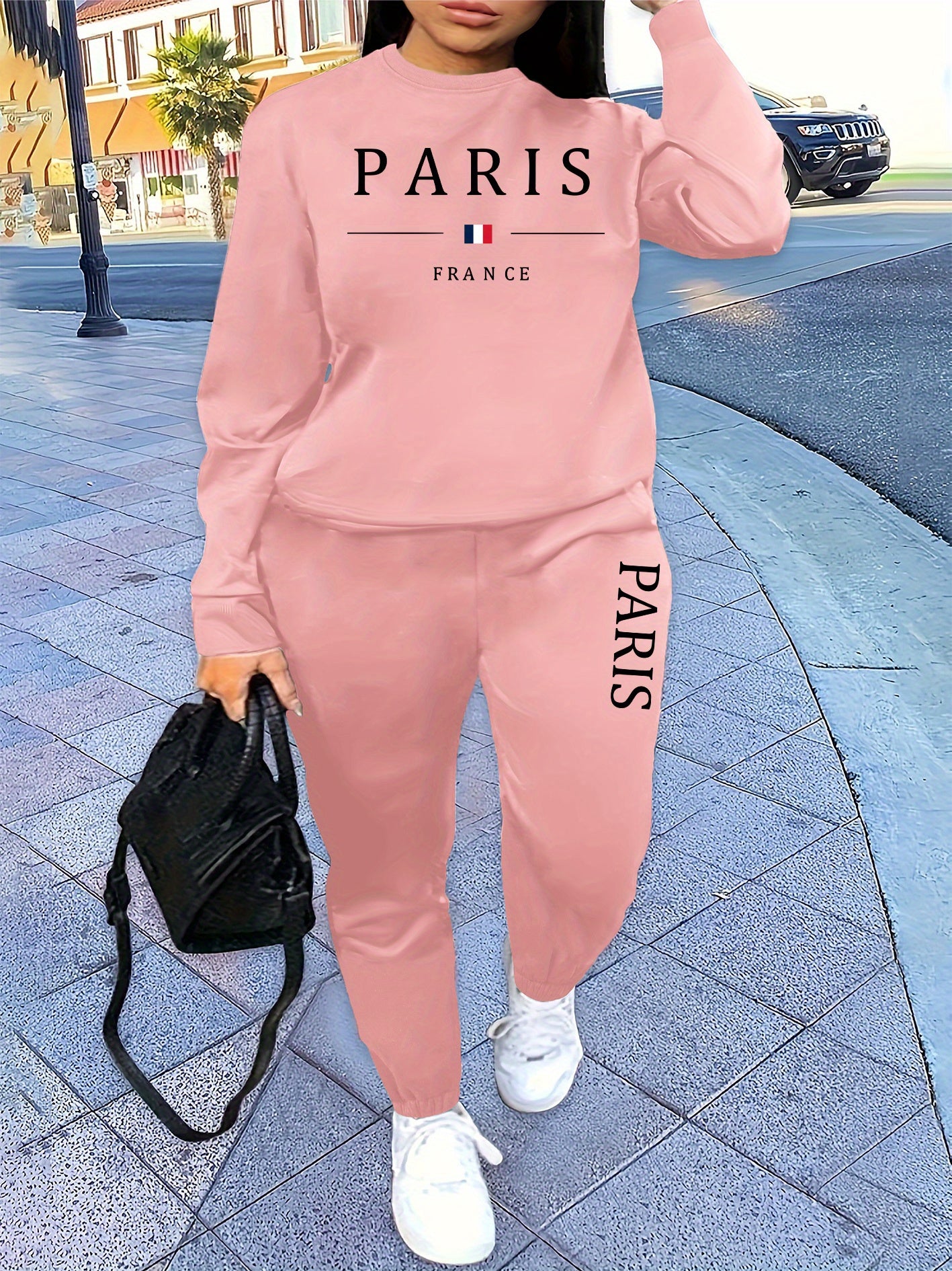 Letter Print Two Piece Set, Crew Neck Sweatshirt & Pants, Women's Clothing