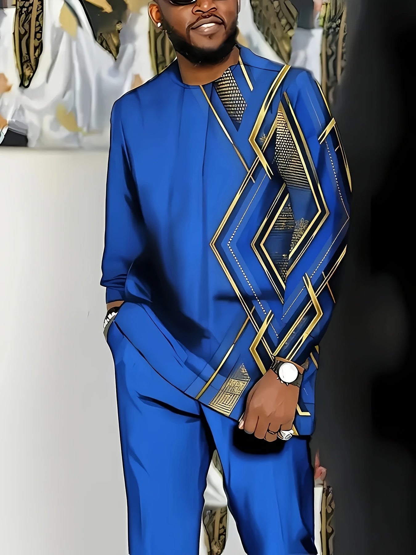 Large Men's Casual Sportswear Set -100% Polyester Fiber Knitted Fabric, Slightly Elastic, Round Neck Long Sleeved Top And Pants, Regular Silhouette, Geometric Pattern Details, PLUS SIZE