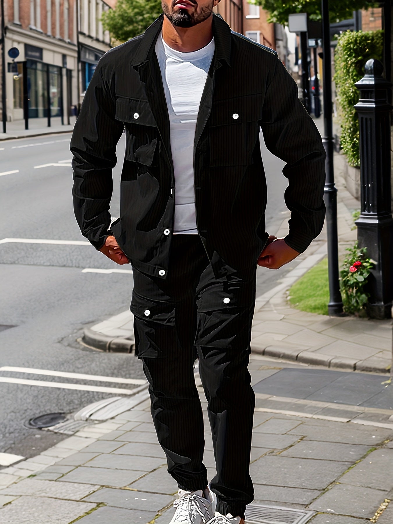 Large Size Men's Casual Long Sleeve Shirt and Trousers Set, PLUS SIZE