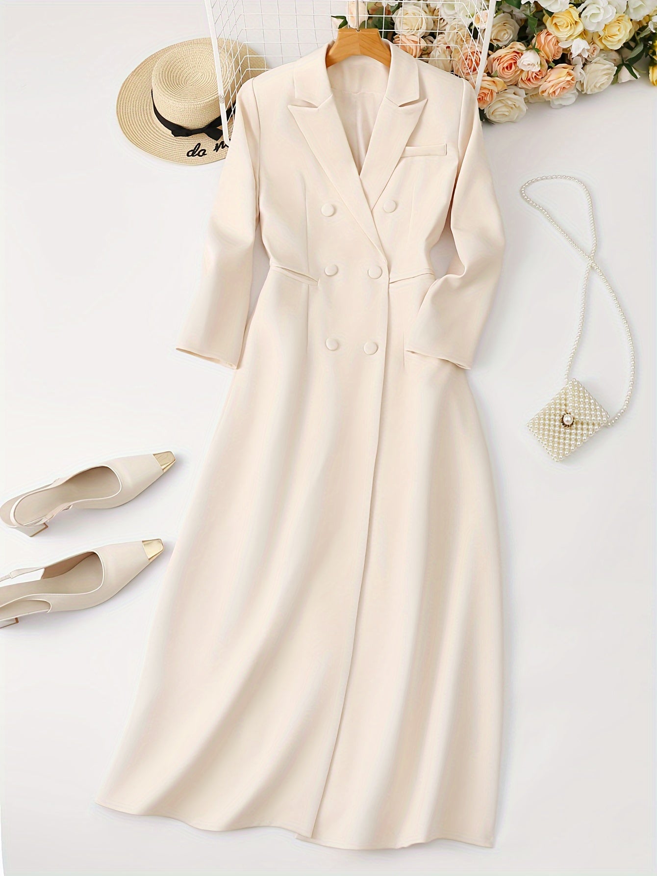 [Elegant Blazer] Elegant Long Double-Breasted Blazer | Women's Solid Color Notch Lapel Regular Fit Urban Style Jacket with Button Front, Long Sleeve for Spring/Fall Office & Casual Wear, Spring Outerwear, Sophisticated Tailor