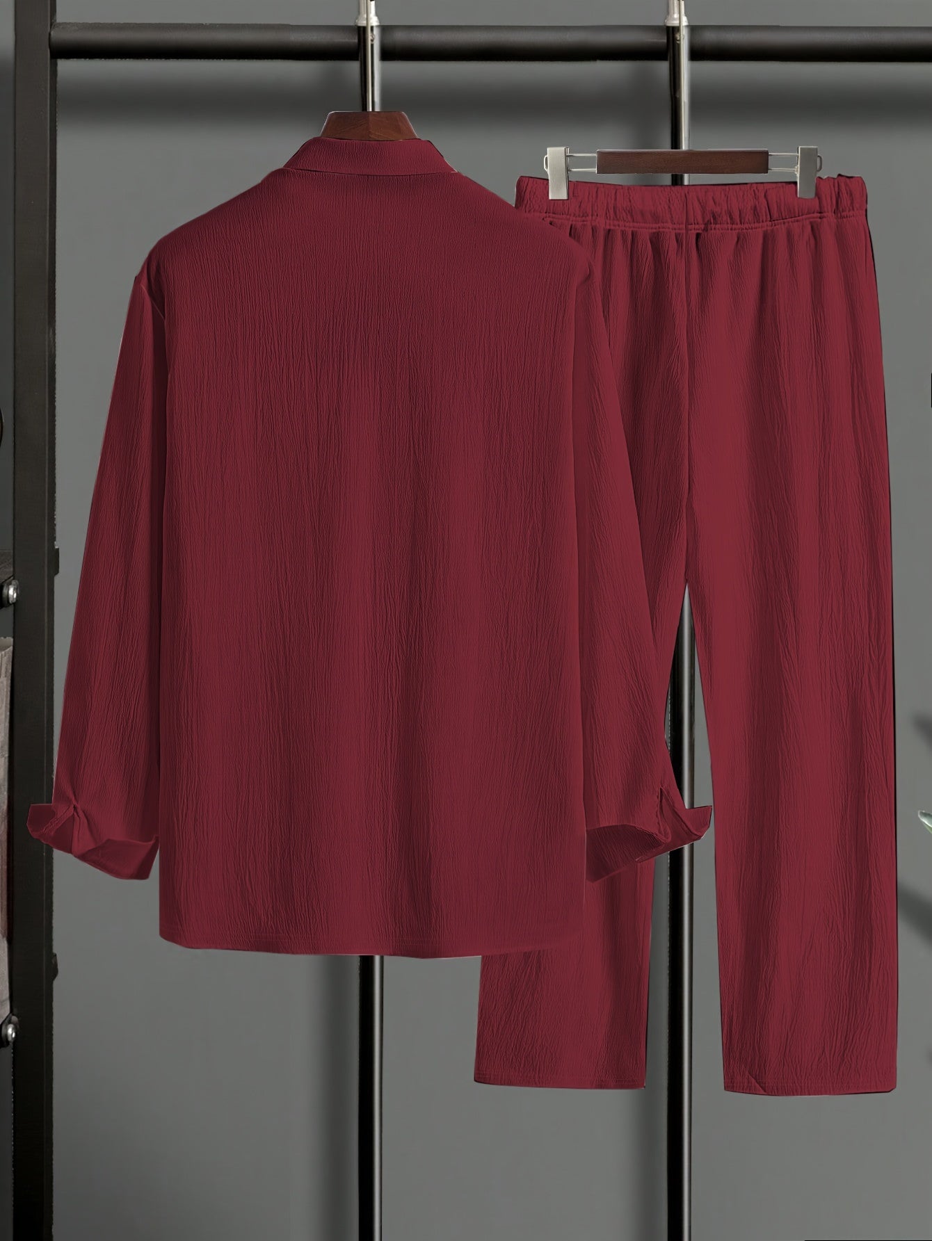 Plus Size Men's Sets, Long Sleeve Shirt & Trousers, Casual Suit Polyester Machine Washable, Lapel Stretch Outfit, Big & Tall Men, Stylish Comfort, Casual Wear, Work Attire, Stylish Set, Versatile Outfit, Comfortable Fit, Brea