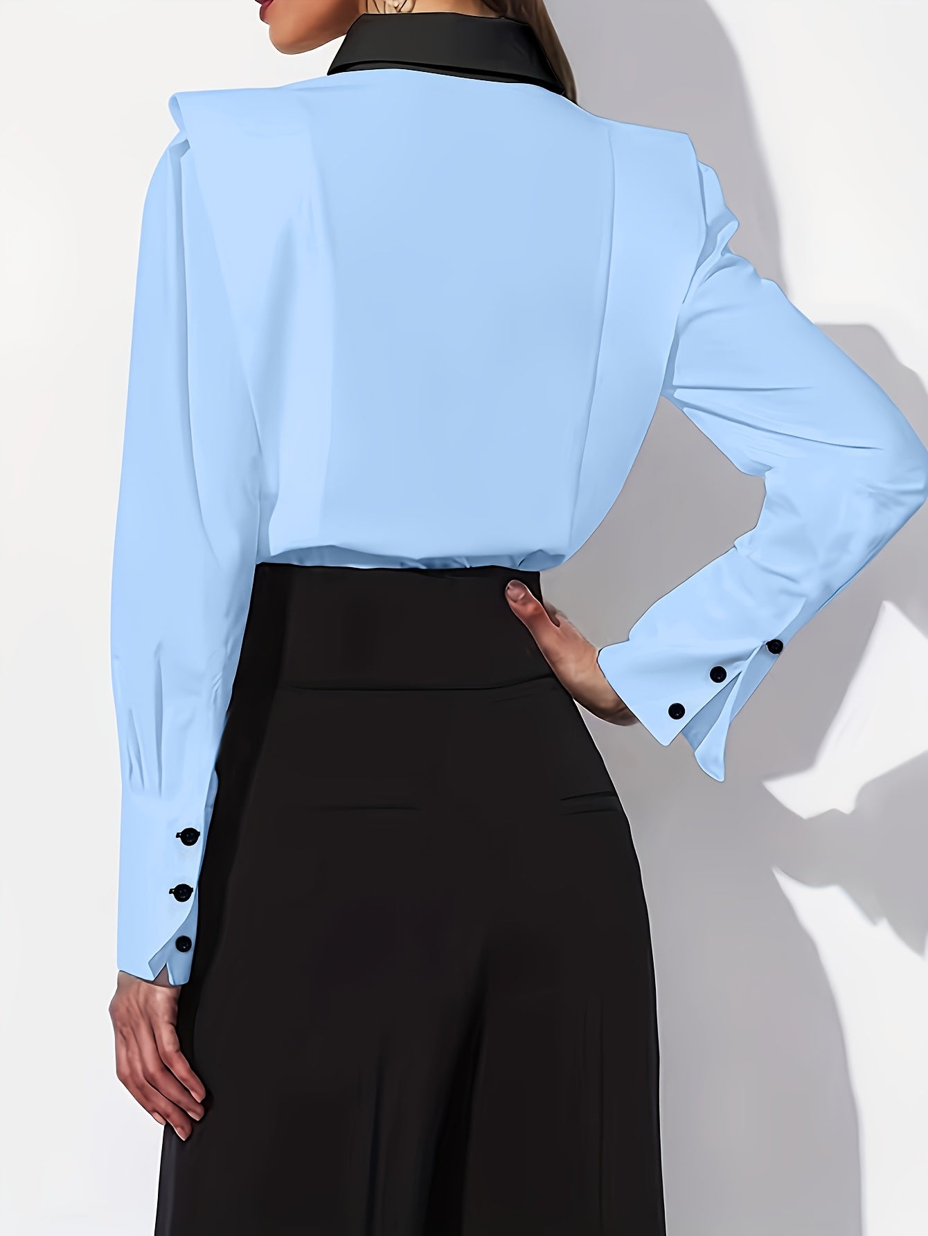 Women's Casual Contrast Trim Long Sleeve Shirt - Black & White Button-Up Blouse with Classic Collar, Semi-Sheer Fabric, Machine Washable, Elegant Office & Everyday Top, Versatile Fashion, Sophisticated Detailing
