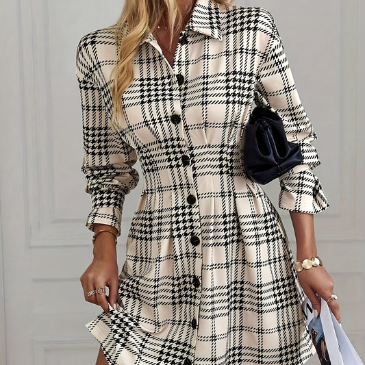 Elegant Houndstooth Plaid Button-Front Blouse Dress with Ruched Waist - Long Sleeve, Knee-Length, Black & White Check Pattern, Perfect for Adult Women, All-Season Wear, Stylish Button-Up Design, Allseason Attire | Ruched Wais