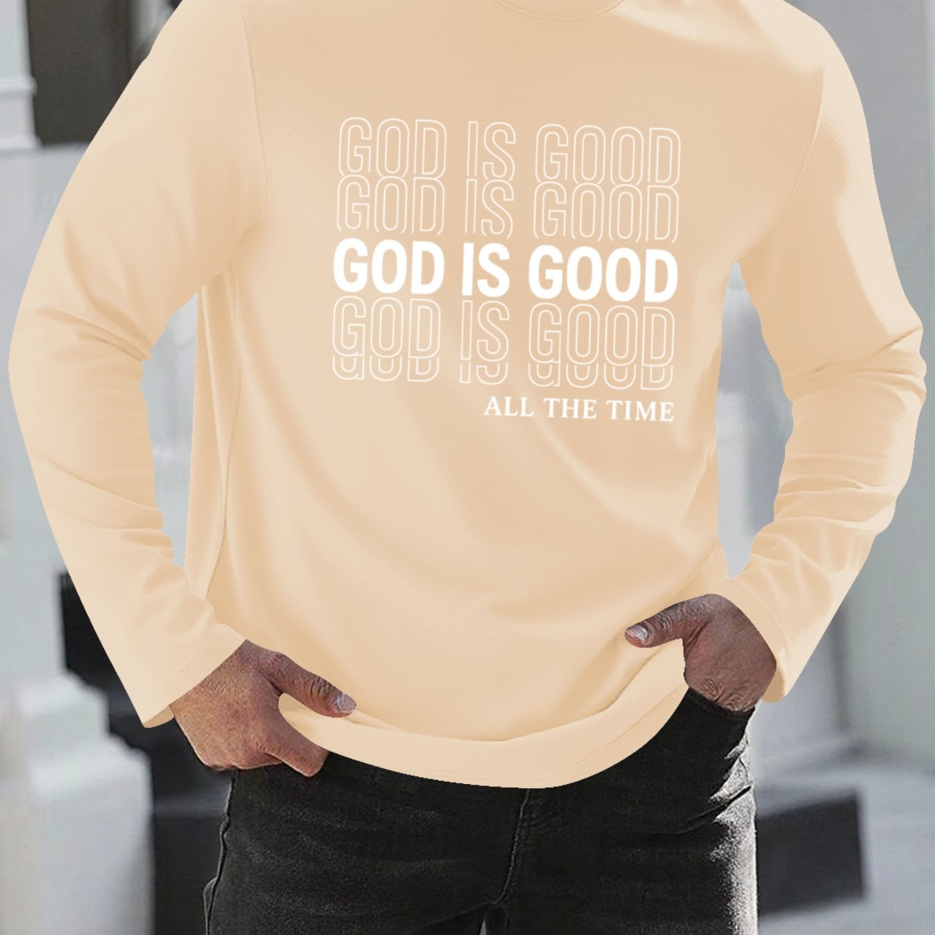 Men's Oversized Christian Faith T-Shirt with "God is Good All The Time" Print - Breathable Long Sleeve Casual Round Neck Shirt for Church, Casual Attire & Religious Events - Spring/Fall Comfort Fit (Adults & Teens) - Medium S
