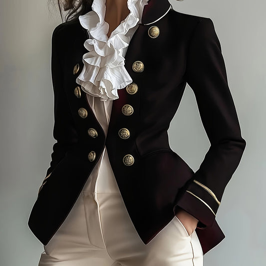 [Vintage-Style Blazer] Polyester Elegant Vintage-Style Women's Double-Breasted Blazer | Chic Solid Color Suit Jacket with Pockets, Long Sleeves, Ideal for Spring/Fall, Casual Wear Jacket, Sophisticated Design