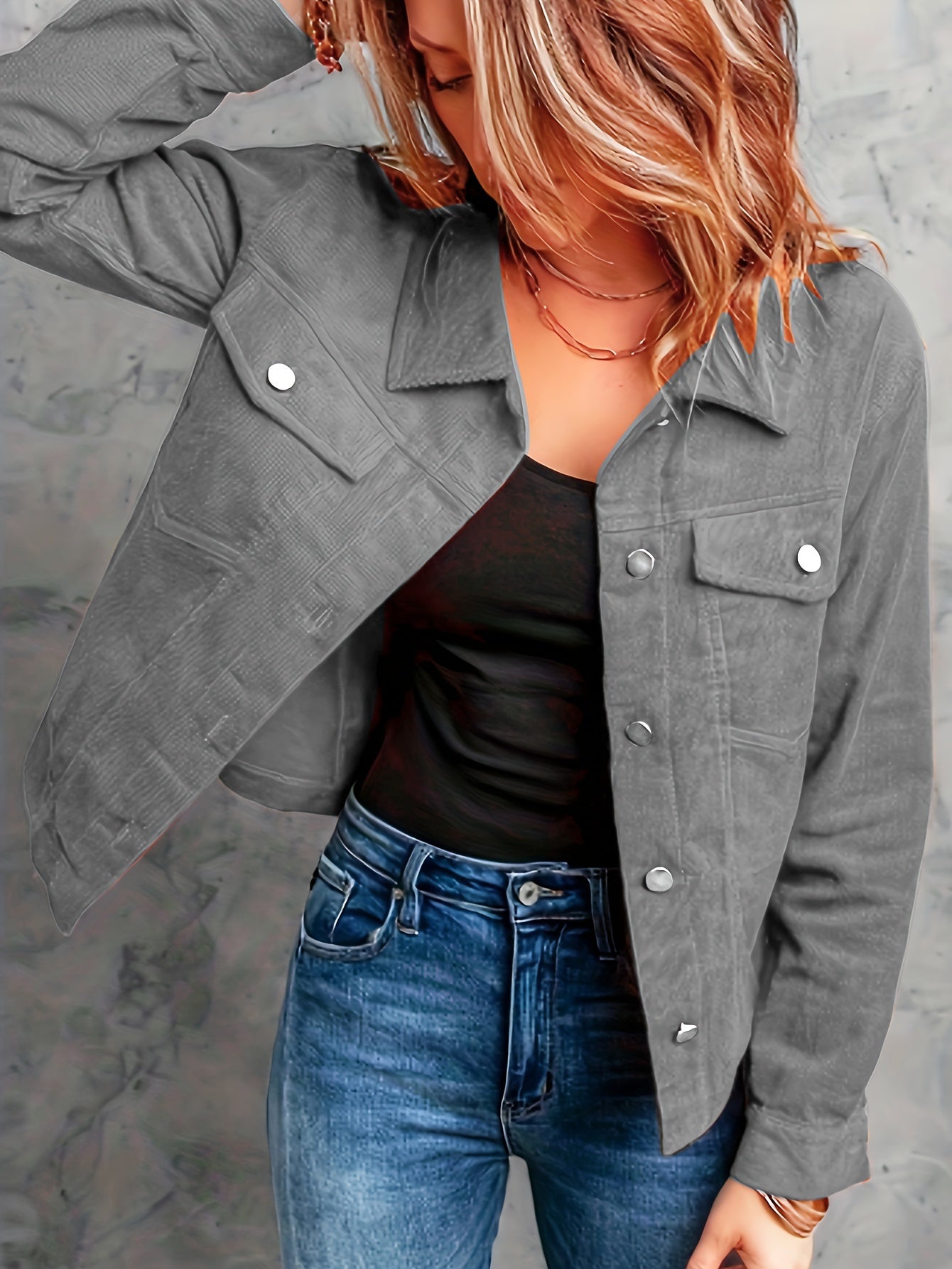 Corduroy Button Front Flap Pockets Jacket, Casual Long Sleeve Jacket For Spring & Fall, Women's Clothing