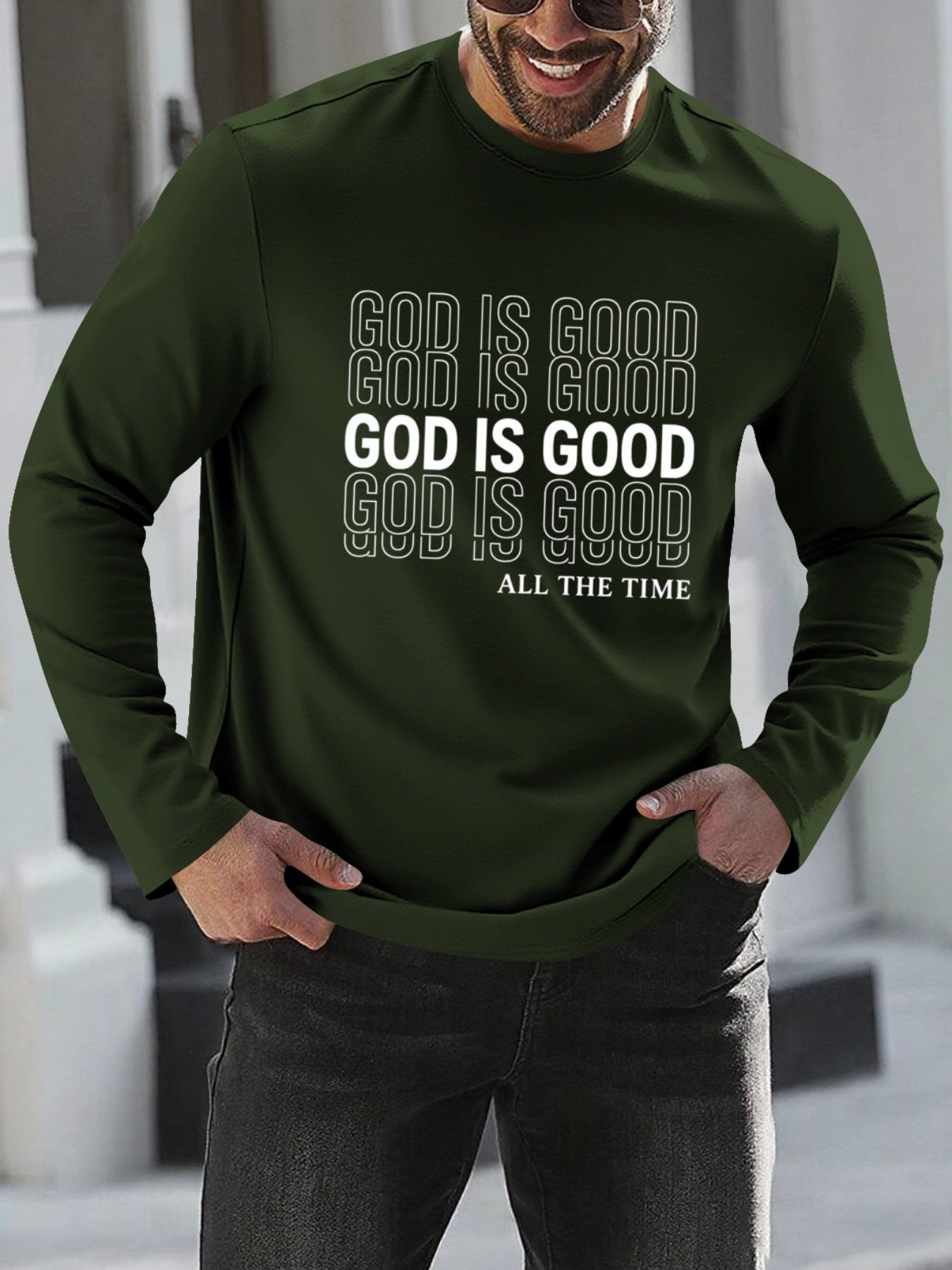 Men's Oversized Christian Faith T-Shirt with "God is Good All The Time" Print - Breathable Long Sleeve Casual Round Neck Shirt for Church, Casual Attire & Religious Events - Spring/Fall Comfort Fit (Adults & Teens) - Medium S