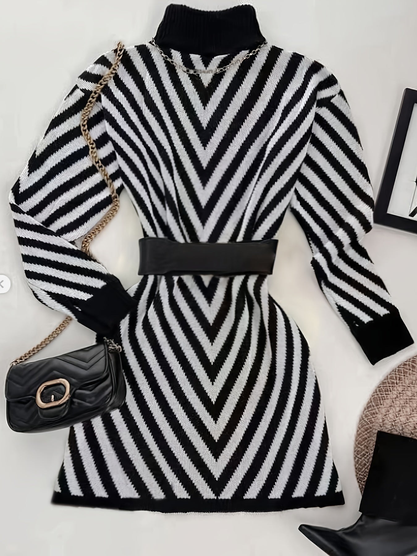 Women'S Elegant Long Sweater - Chic Black & White diagonal stripes, High Neck Longline Top for Fall/Winter, Office, Party, Everyday Outfits - No Belt Needed, Easy-Care Women'S Clothing, Ladies Sweaters, Winter Wardrobe, Drop