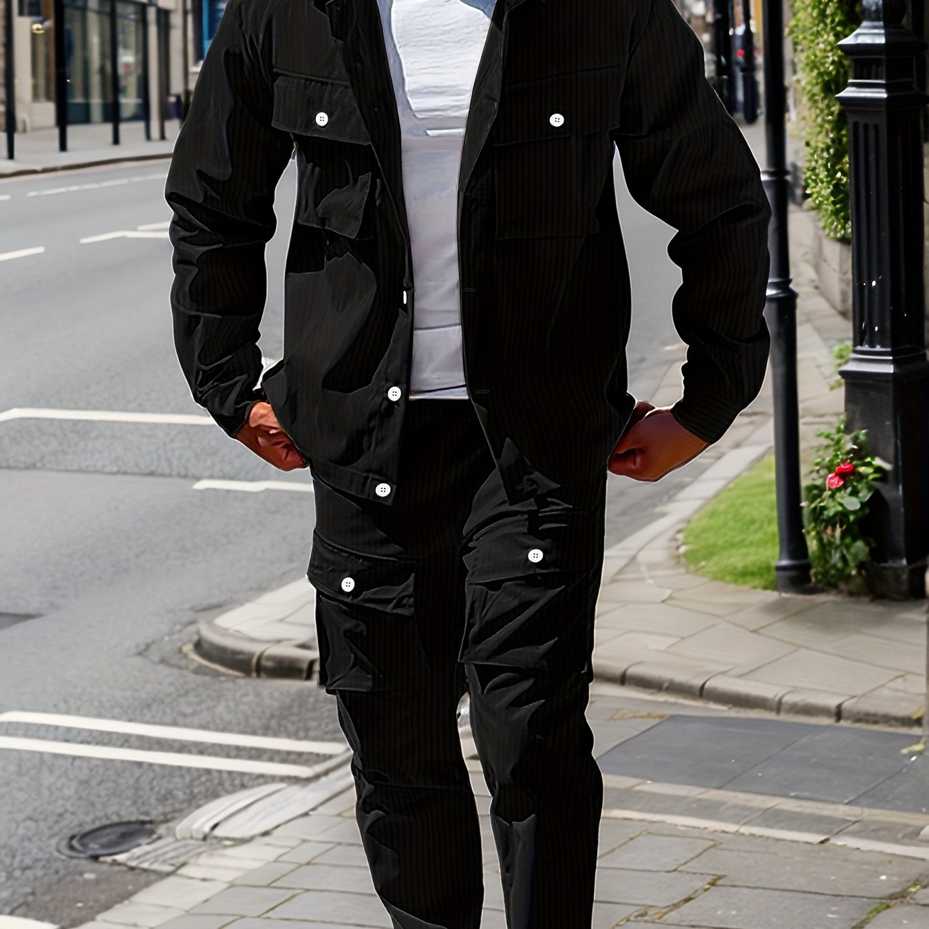 Large Size Men's Casual Long Sleeve Shirt and Trousers Set, PLUS SIZE