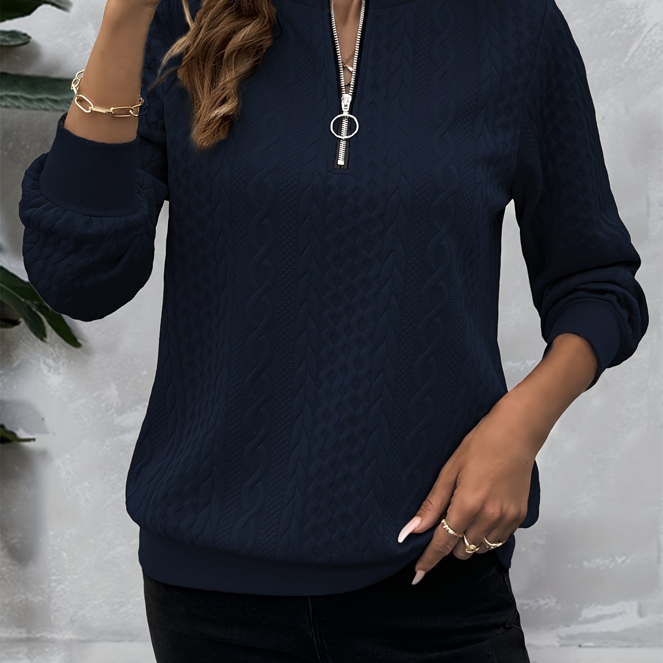 [Casual Sweatshirt] Casual Textured Half Zipper Pullover Sweatshirt | Women's Long Sleeve Sweatshirt For Fall & Spring
