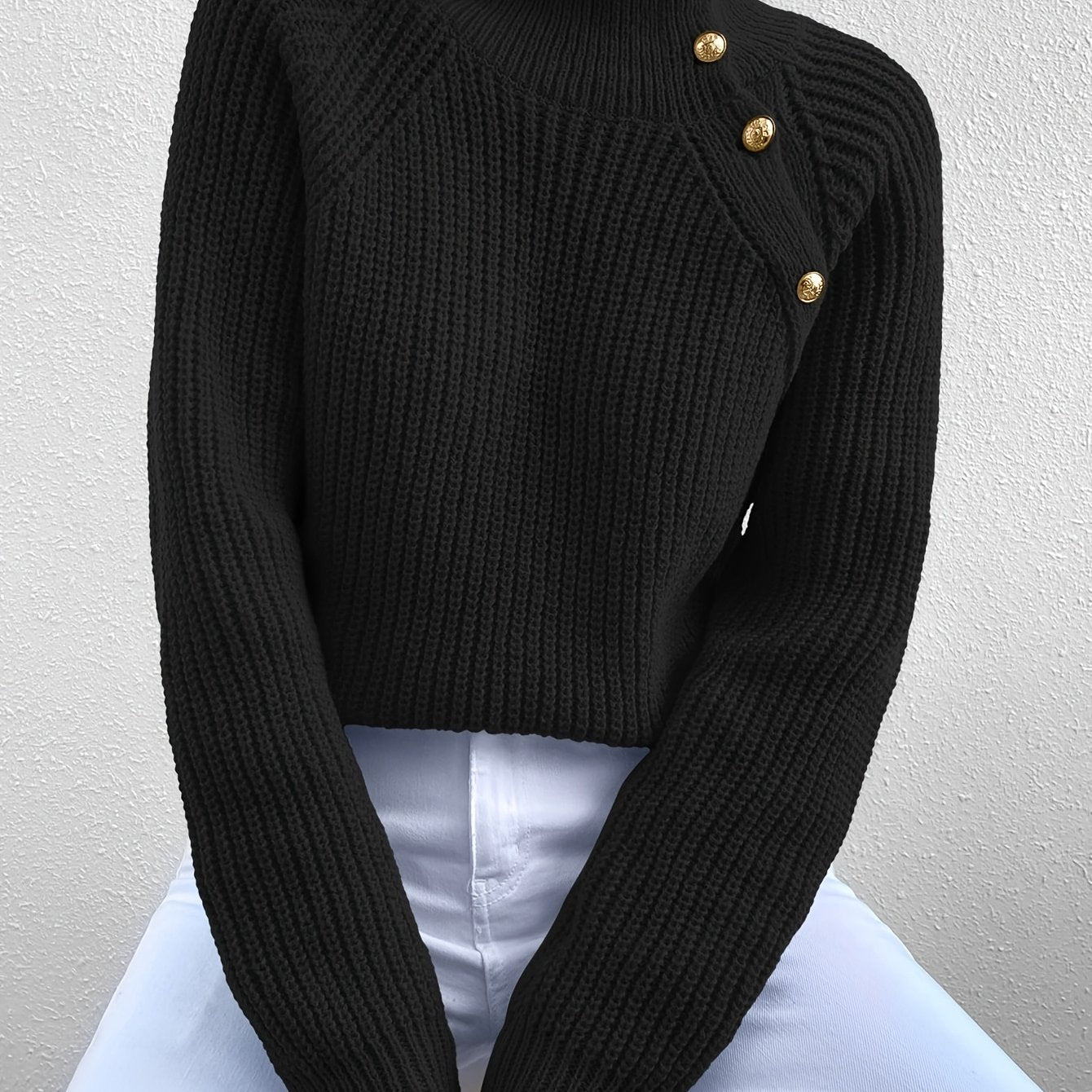 [Elegant High-Neck Pullover] Elegant High-Neck Long Sleeve Pullover for Women - Solid Color, Button Detail, Ribbed Texture, Fall/Winter Fashion, Black, Versatile Top | Button Detail Top | Construction, Sweater Dress