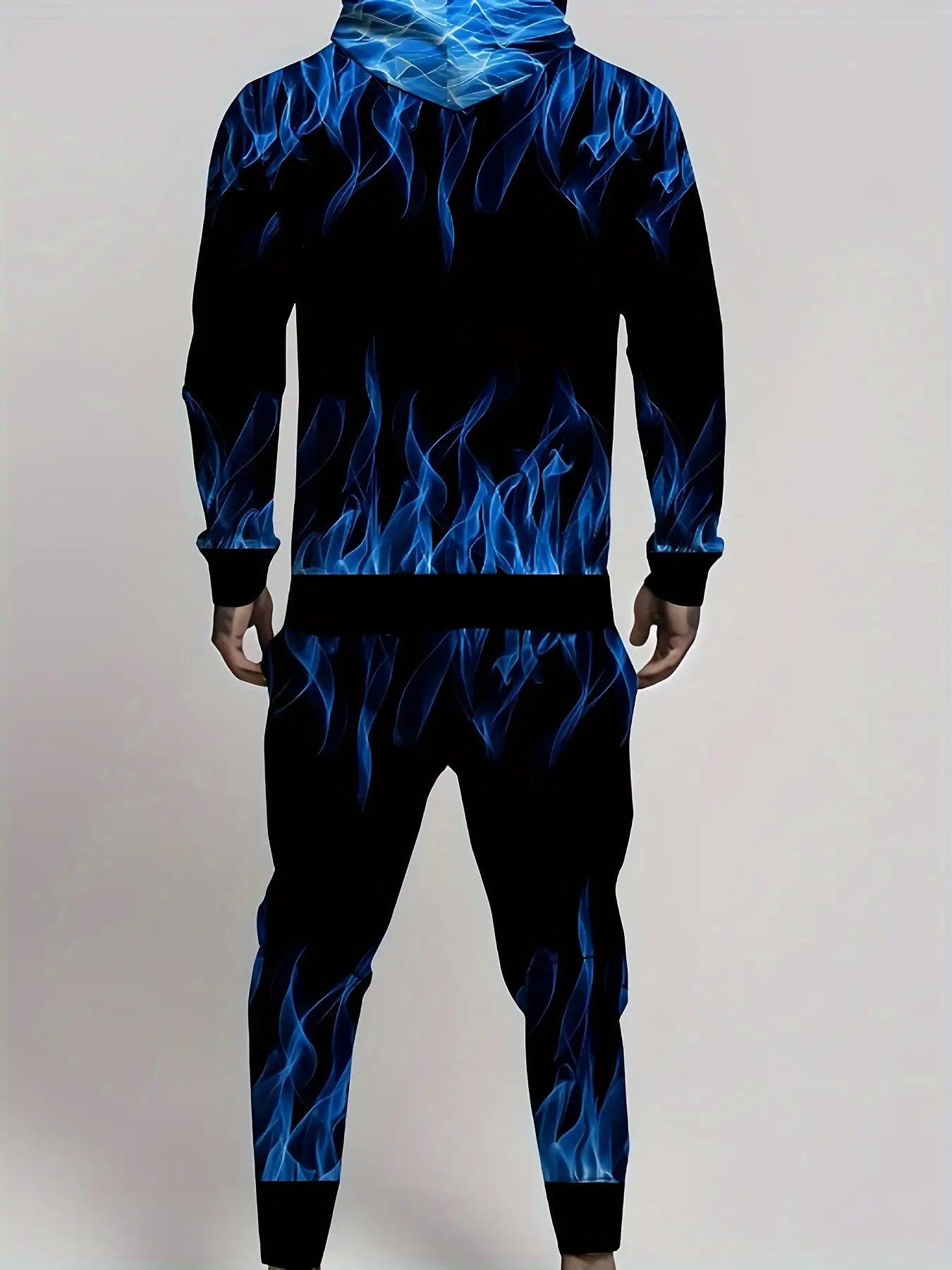 1 Set Men'S Plus Size Casual Athletic Sweatshirt and Pants Set - Vibrant Blue Flame Print, Polyester Knit Fabric, Slight Stretch, Regular Fit, Machine Washable, Ideal for Casual Attire, PLUS SIZE