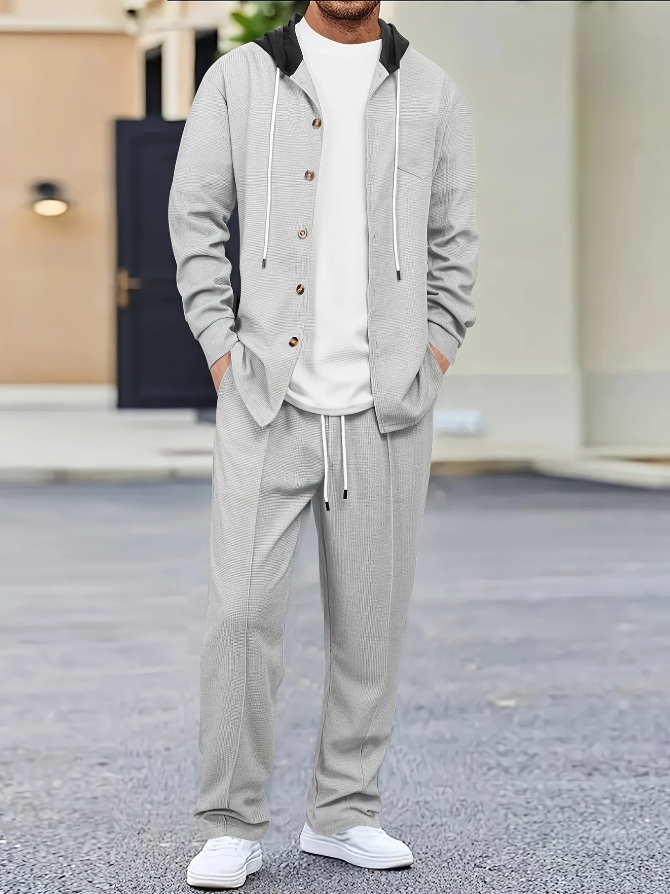 Men's Two-Piece Waffle Knit Set with Hooded Button-Up Cardigan and Drawstring Sweatpants Casual Wear Comfortable Outfit for Spring/Autumn