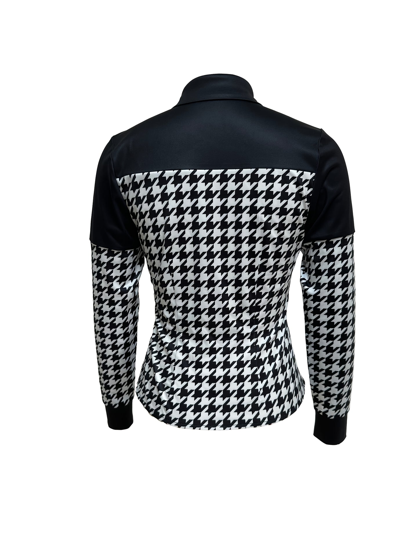 [Chic Houndstooth Blouse] Chic Women's Houndstooth Blouse | Black Shoulder Pads, Casual Button-Up Shirt, Long Sleeve, Black & White Checkered Pattern, Perfect for Spring/Fall