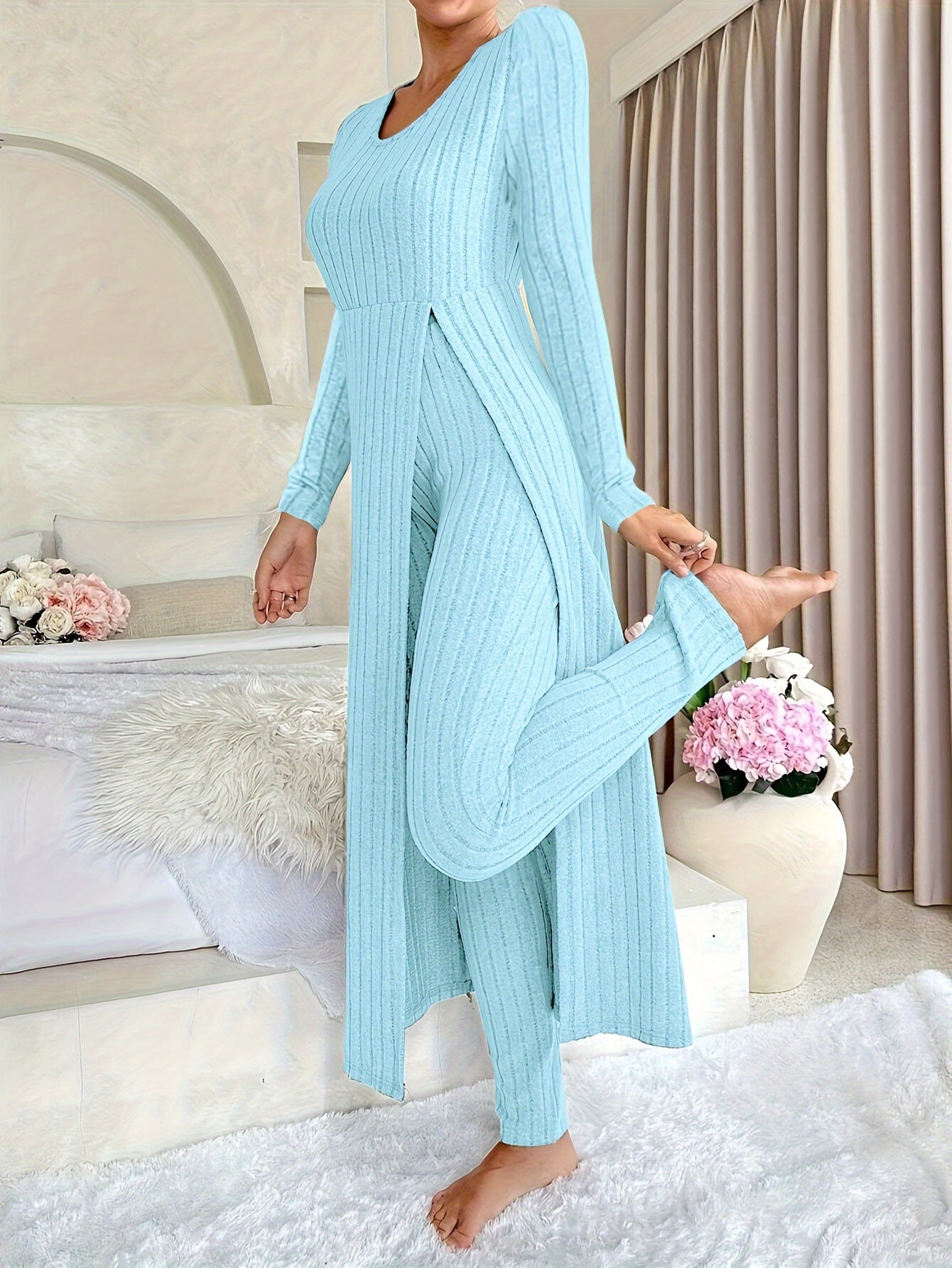 [Plaid Two-Piece] Two-Piece Set Round Neck Split Long Sleeve Top and Pants | Design Sensation with Plaid Spring/Autumn Style