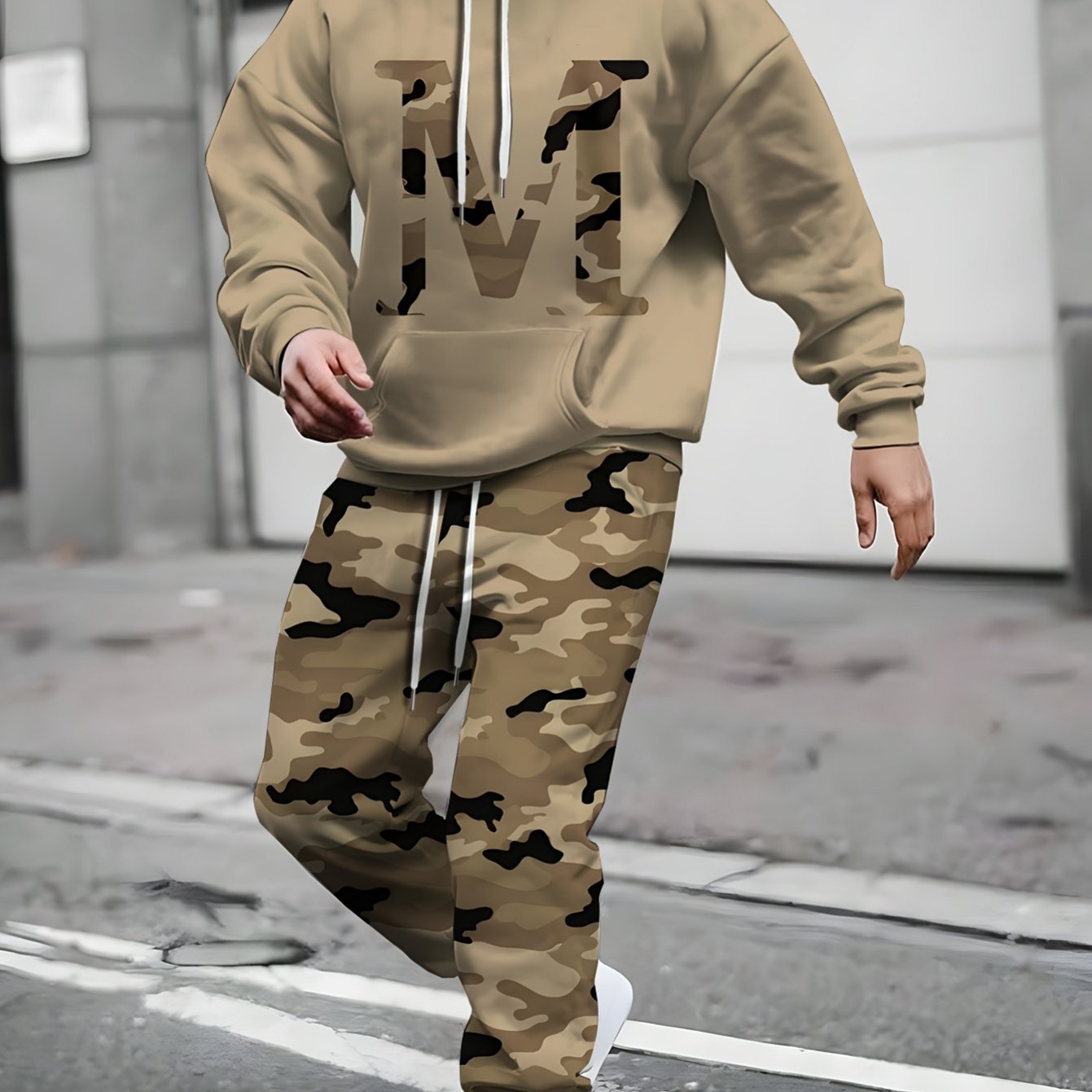 2pcs Men's Plus Size, Casual, Hooded Sports Camouflage, Printed Long Sleeve T-Shirt and Pants Set, Outdoor Wear, Preferred Gift for Someone, Street Style, PLUS SIZE