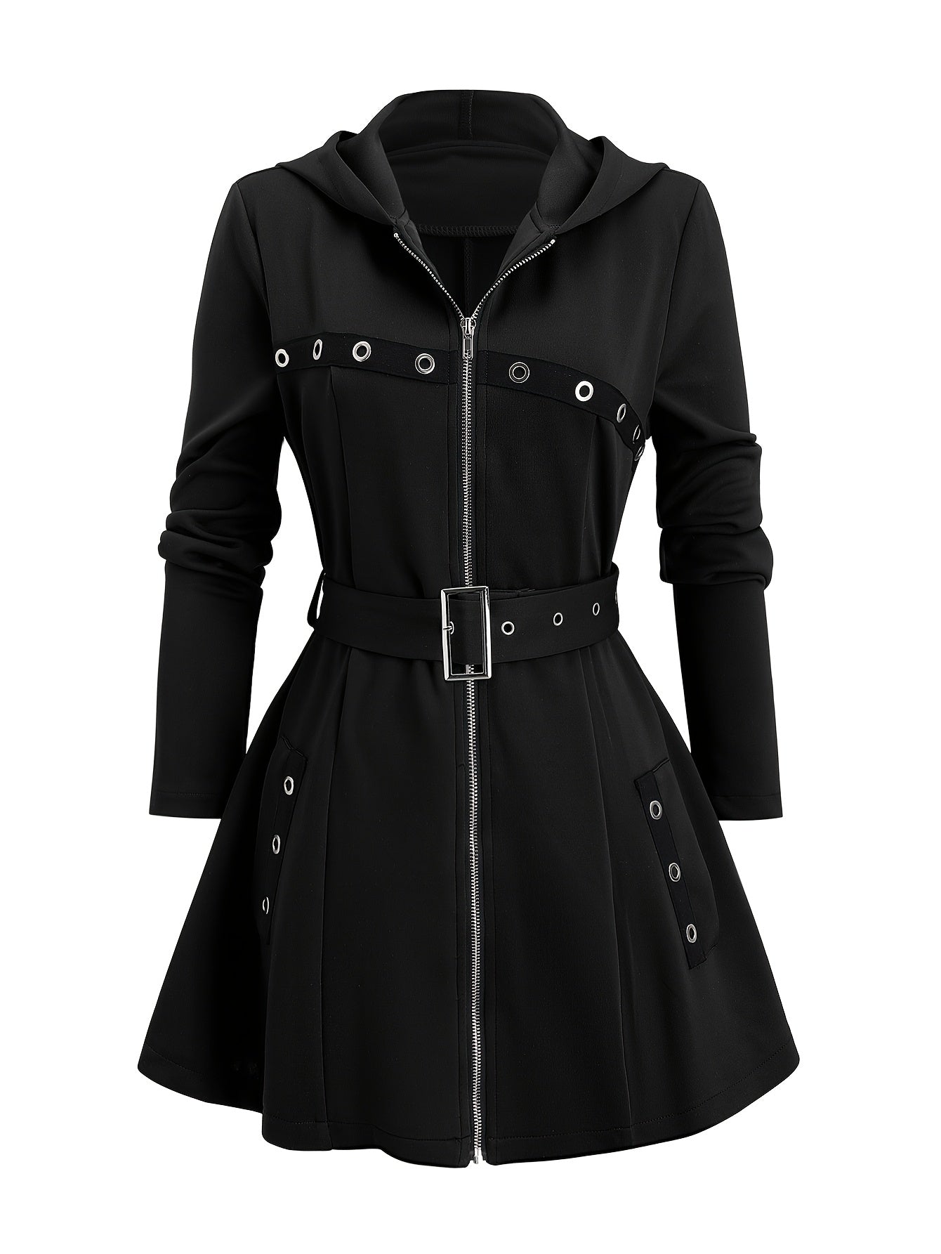 1pc Y2K Style Women'S Hooded Jacket - Solid Color Polyester Knit Fabric with Zipper and Belt Detail, Long Sleeve Punk-Inspired Casual Outerwear for Fall/Winter