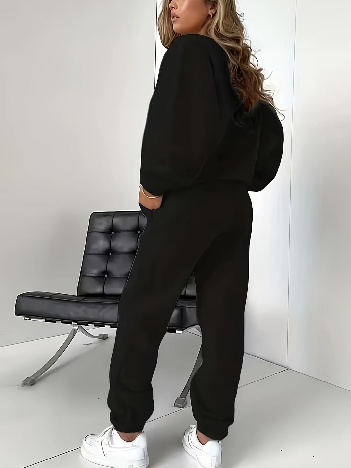 Letter Print Two Piece Set, Crew Neck Sweatshirt & Pants, Women's Clothing