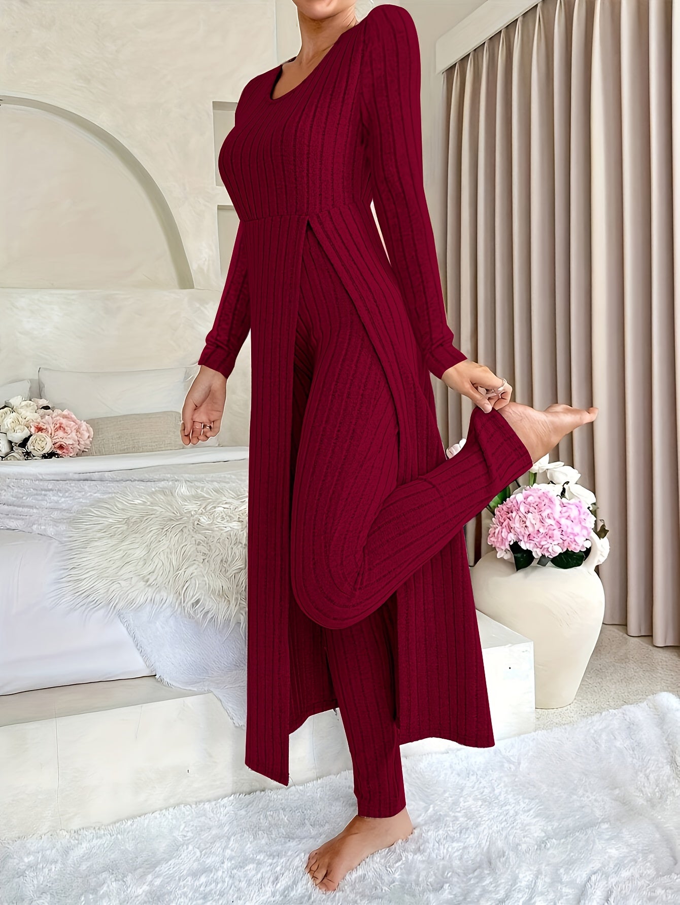 [Plaid Two-Piece] Two-Piece Set Round Neck Split Long Sleeve Top and Pants | Design Sensation with Plaid Spring/Autumn Style
