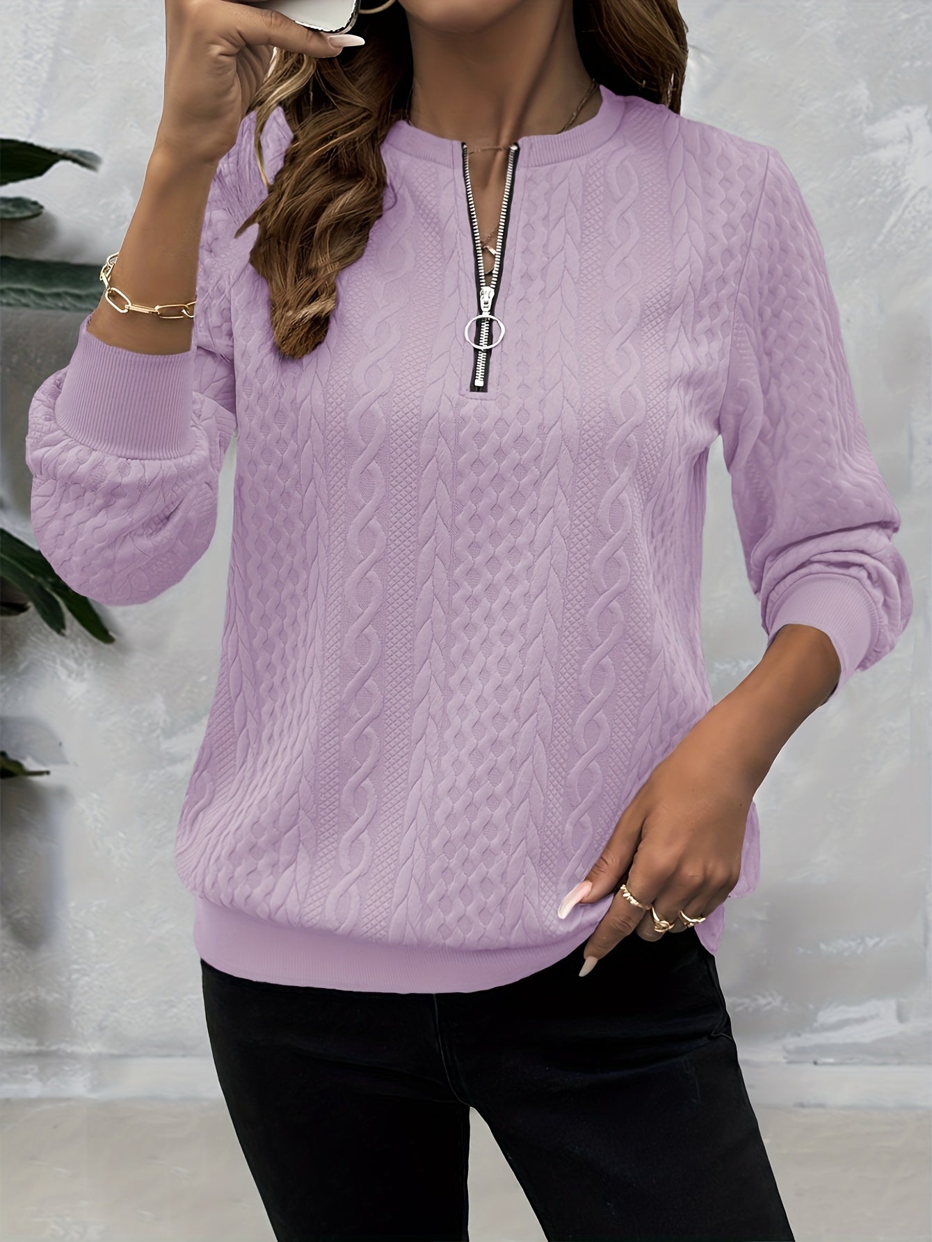 [Casual Sweatshirt] Casual Textured Half Zipper Pullover Sweatshirt | Women's Long Sleeve Sweatshirt For Fall & Spring