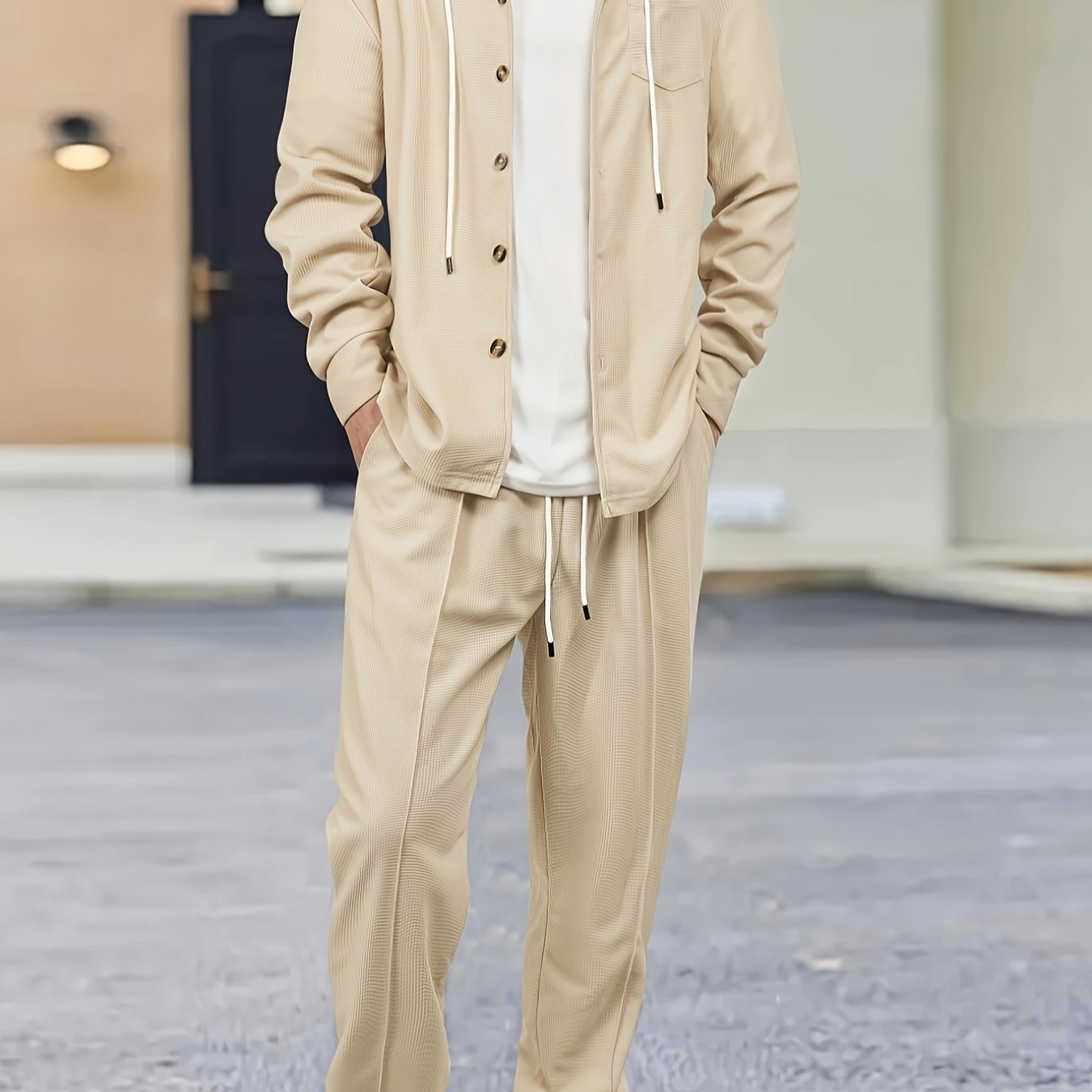 Men's Two-Piece Waffle Knit Set with Hooded Button-Up Cardigan and Drawstring Sweatpants Casual Wear Comfortable Outfit for Spring/Autumn