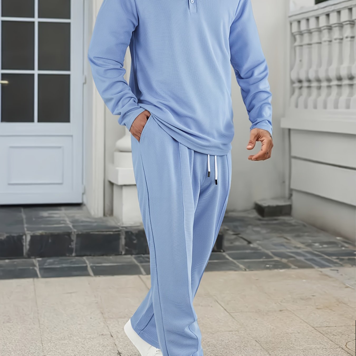 [Comfortable Men's Set] 2pcs Men's Long-Sleeve Shirt and Drawstring Pants Set - Clean, Comfortable, Breathable