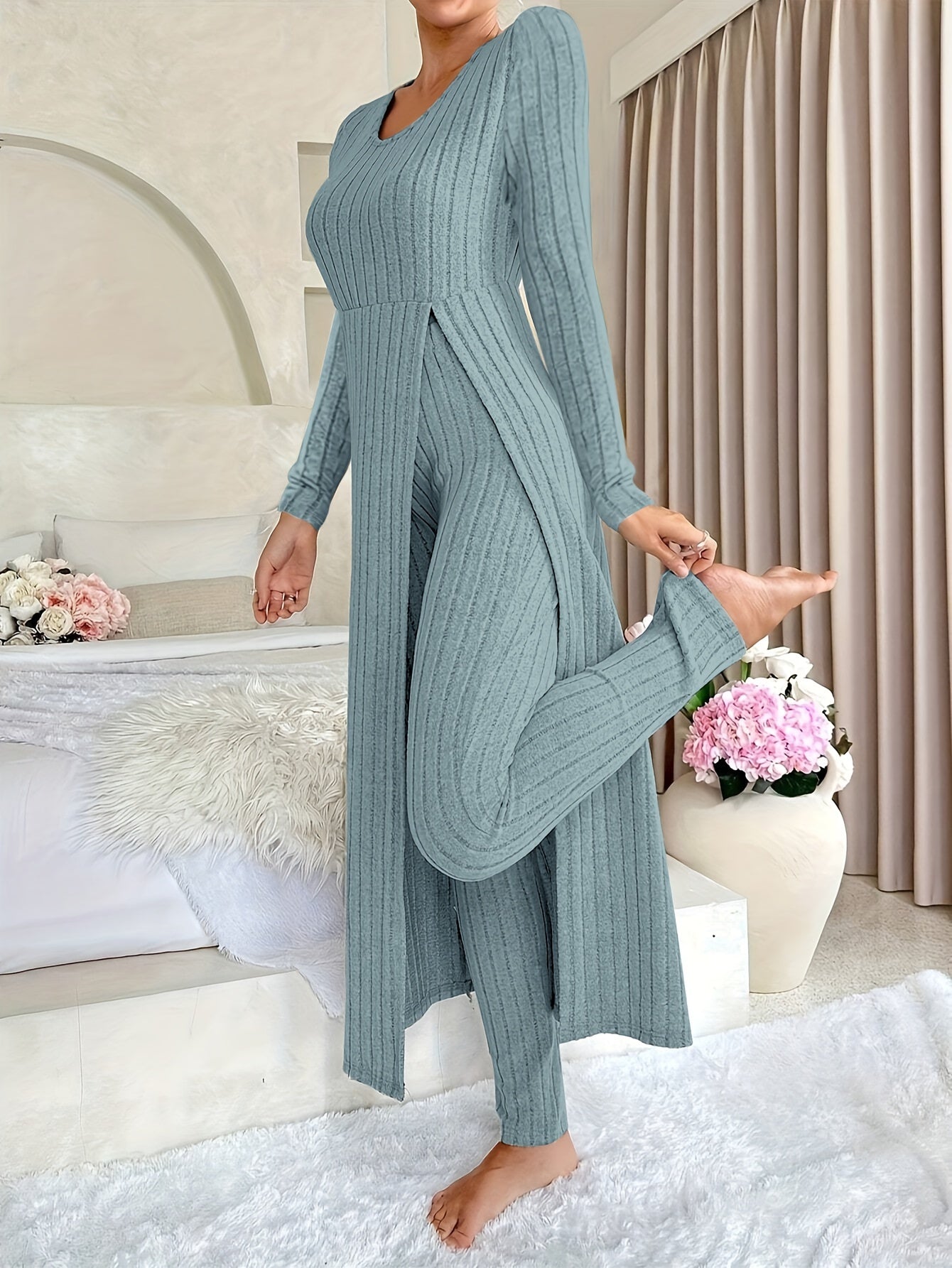 [Plaid Two-Piece] Two-Piece Set Round Neck Split Long Sleeve Top and Pants | Design Sensation with Plaid Spring/Autumn Style