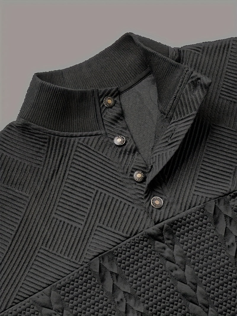 Men'S Jacquard Henley Shirt - Soft Stretch Long Sleeve Pullover with Button Front, Casual Knit Sweater for Fall/Winter, & Striped Design, Regular Fit Outdoor & Casual Attire, Winter Casual Wear | Striped Knitwear | Jacquard T