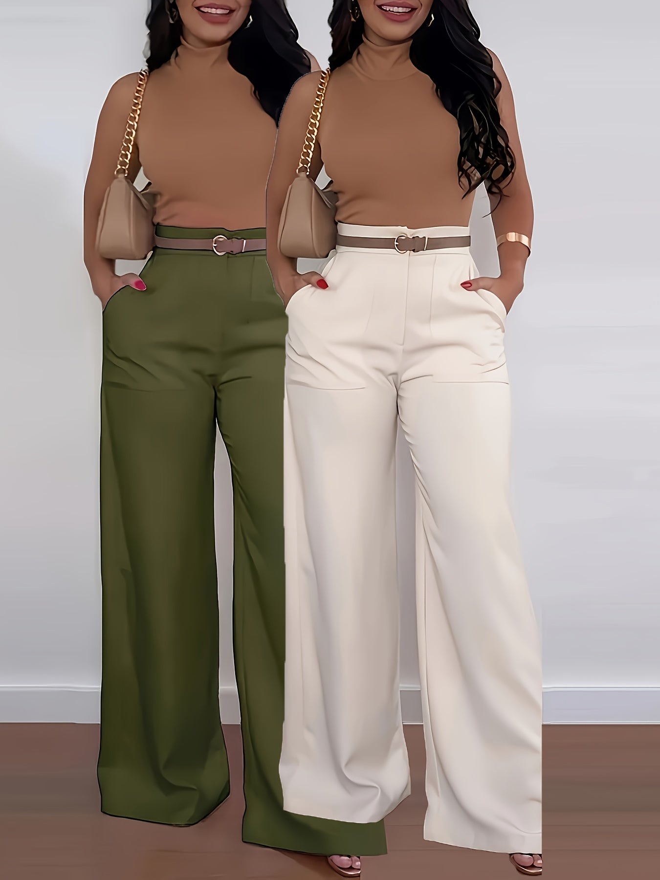 2pcs Women'S High-Waist Wide-Leg Pants - Elegant Solid Color Straight-Leg Cargo Pants with Large Pockets, All-Season Comfort, Olive Green & White, Perfect for Casual or Stylish Outfits, High Waisted Pants, Versatile Clothing,