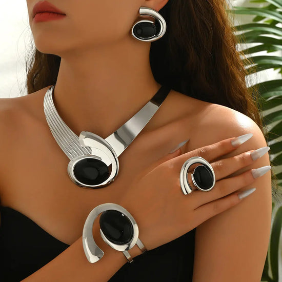 [Party Holiday Gifts] A 4pcs Set of Earrings, Necklaces, Rings and Bracelets, a Jewelry Set for Women. Exaggerated Style Geometric V-Shaped Texture Necklaces With Acrylic Comma Design, Versatile Party and Holiday Gifts, Tradi