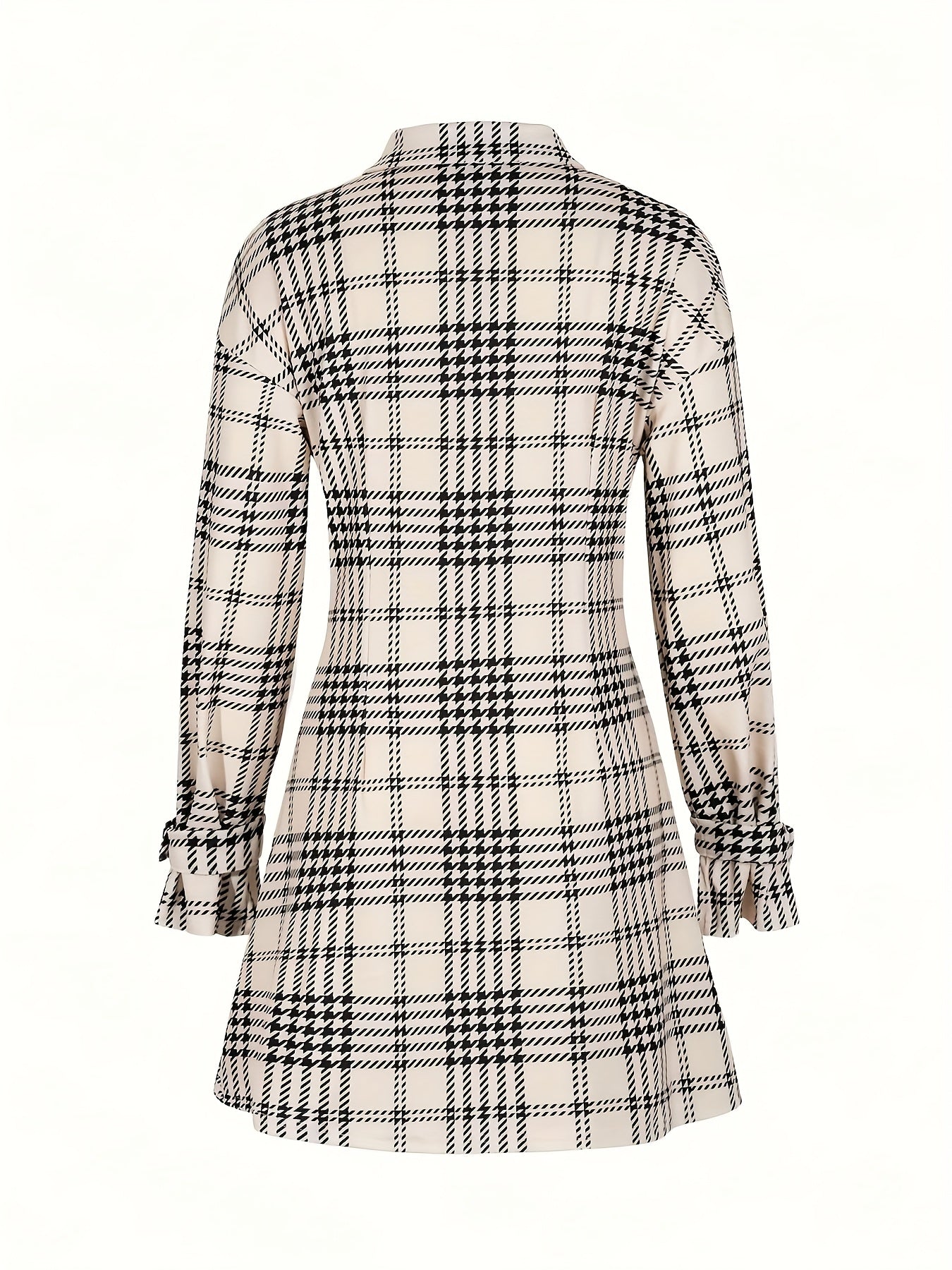Elegant Houndstooth Plaid Button-Front Blouse Dress with Ruched Waist - Long Sleeve, Knee-Length, Black & White Check Pattern, Perfect for Adult Women, All-Season Wear, Stylish Button-Up Design, Allseason Attire | Ruched Wais
