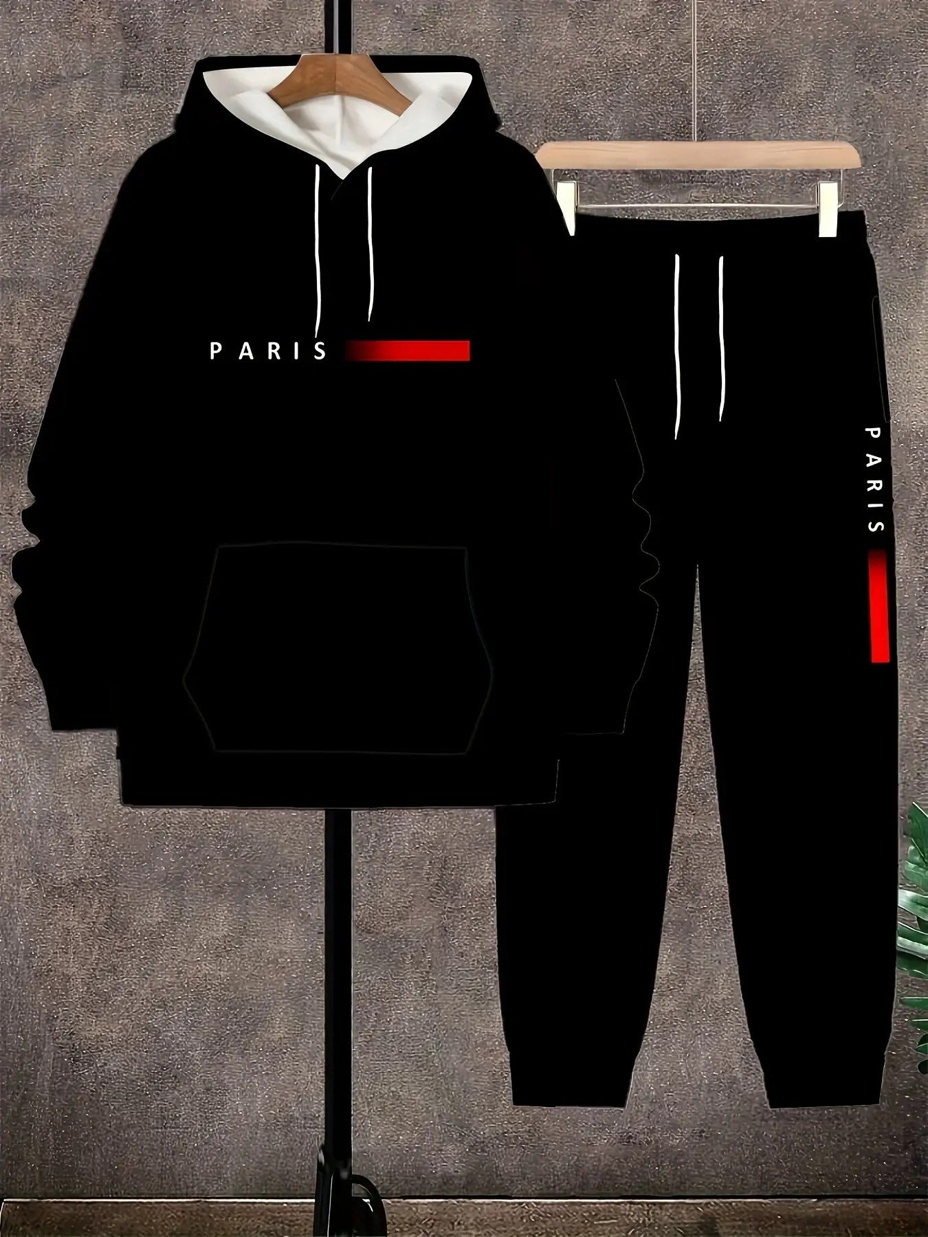 Men'S Parisian Style Hooded Sweatshirt & Joggers 2pcs Set - Oversized Fit Casual Athletic Wear with White Paris Lettering Print, Black with Red Accent Tracksuit, Regular Cut for Gym, Lounge & Everyday Comfort - Breathable Fab