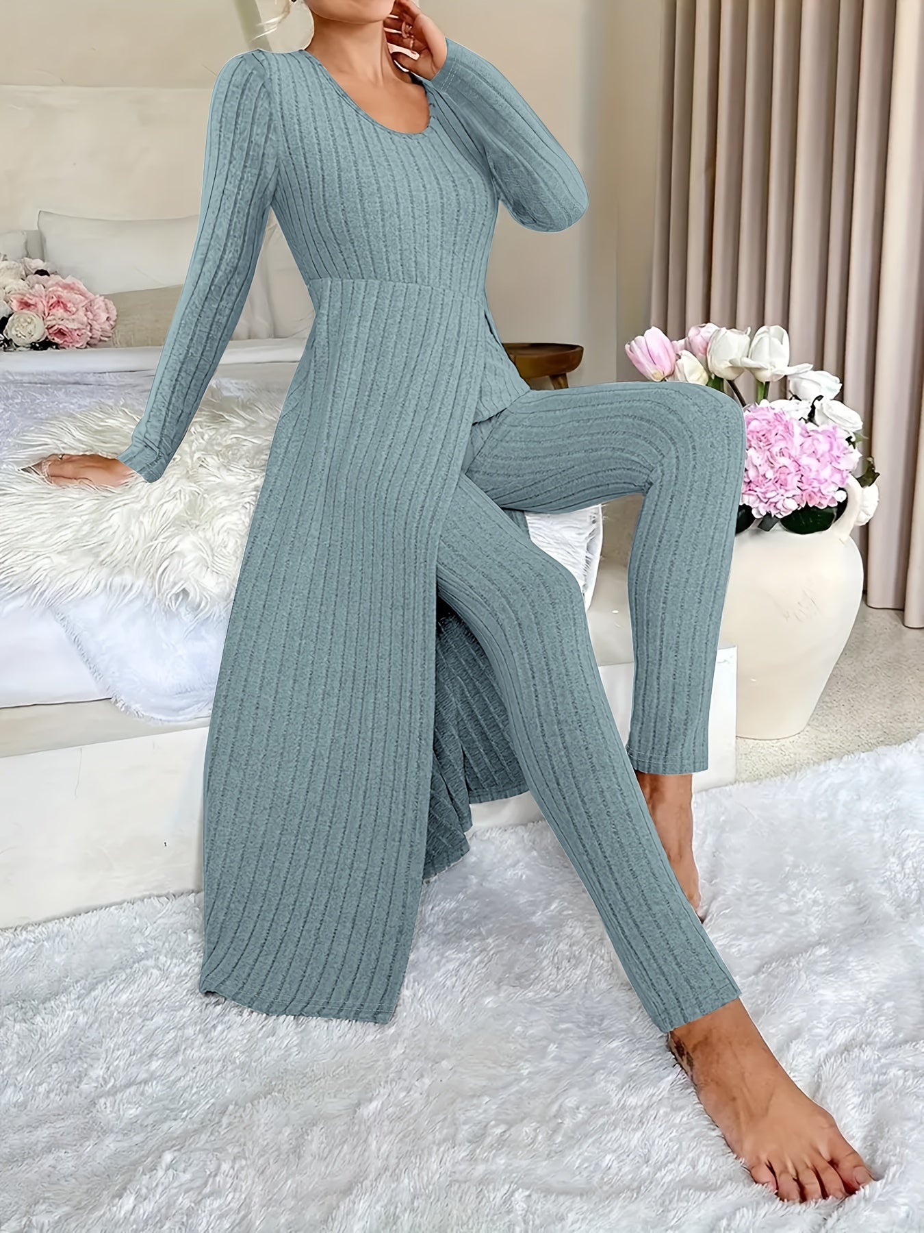 [Plaid Two-Piece] Two-Piece Set Round Neck Split Long Sleeve Top and Pants | Design Sensation with Plaid Spring/Autumn Style