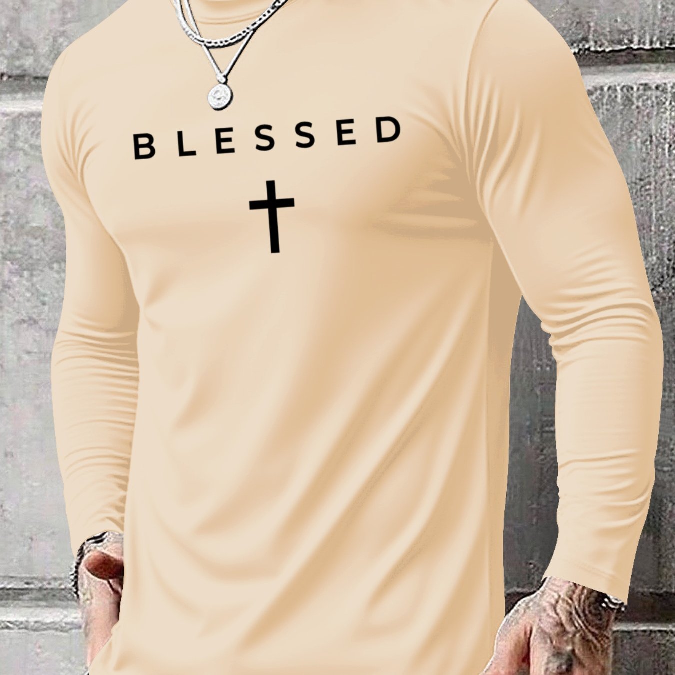 Men's Oversized Long Sleeve T-Shirt with Blessed Cross Print - Breathable Casual Round Neck Christian Faith Apparel, Plus Size Comfort Fit for Spring Summer Fall, Casual Attire & Church Events (Adults & Teens), PLUS SIZE