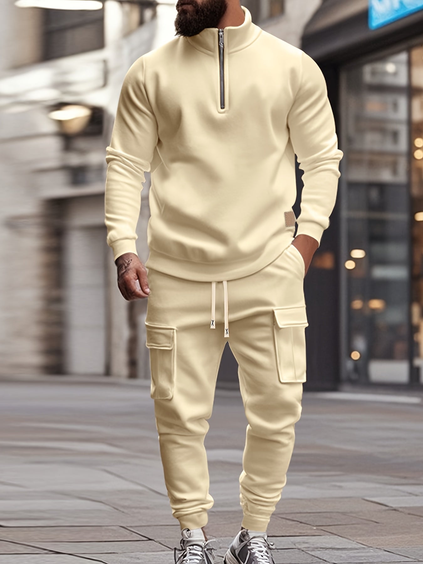 [Retro Casual Suit] Mens Fashionable Retro Casual Suit | Small Stand-up Collar Half-Zip Sweatshirt Plus Multi-Pocket Work Pants Set - Street Trendy Sports Suit Mens Outdoor Jogging Fitness Commuting All-Purpose Casual Sports
