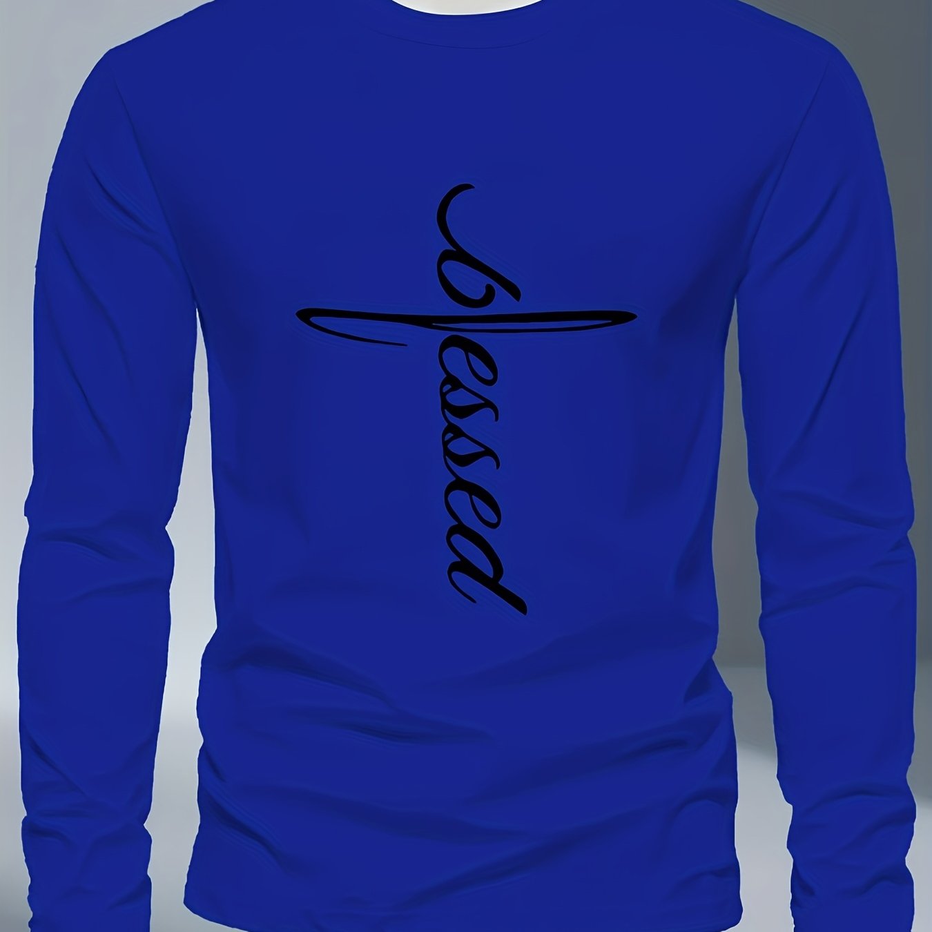 Men's Plus Size Long Sleeve T-Shirt - Dark Gray/Black Blessed Script & Cross - Soft Everyday & Formal Shirt - Machine Washable Casual Top for Religious Events Casual Attire, Event Apparel, Graphic Tee, Comfortable Fit, Comfor