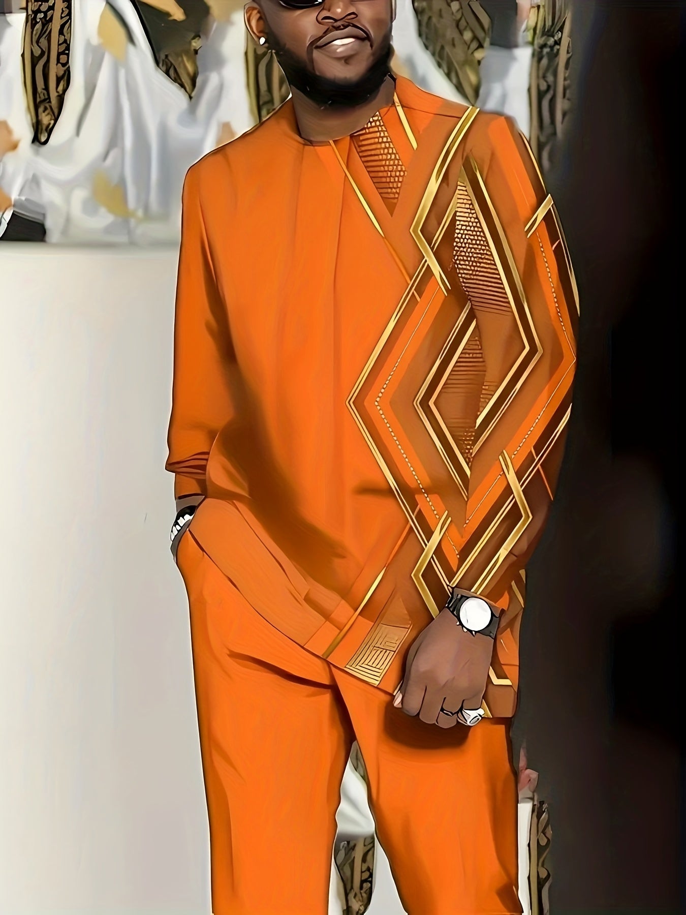 Large Men's Casual Sportswear Set -100% Polyester Fiber Knitted Fabric, Slightly Elastic, Round Neck Long Sleeved Top And Pants, Regular Silhouette, Geometric Pattern Details, PLUS SIZE