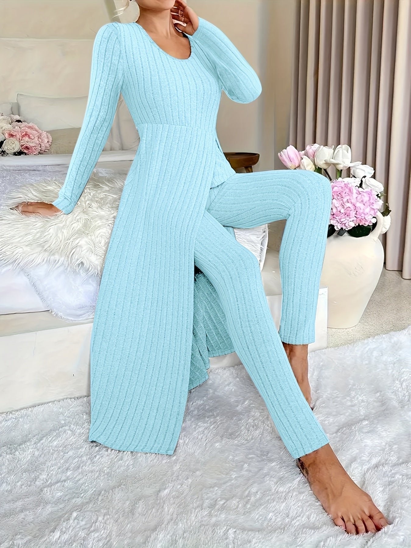 [Plaid Two-Piece] Two-Piece Set Round Neck Split Long Sleeve Top and Pants | Design Sensation with Plaid Spring/Autumn Style