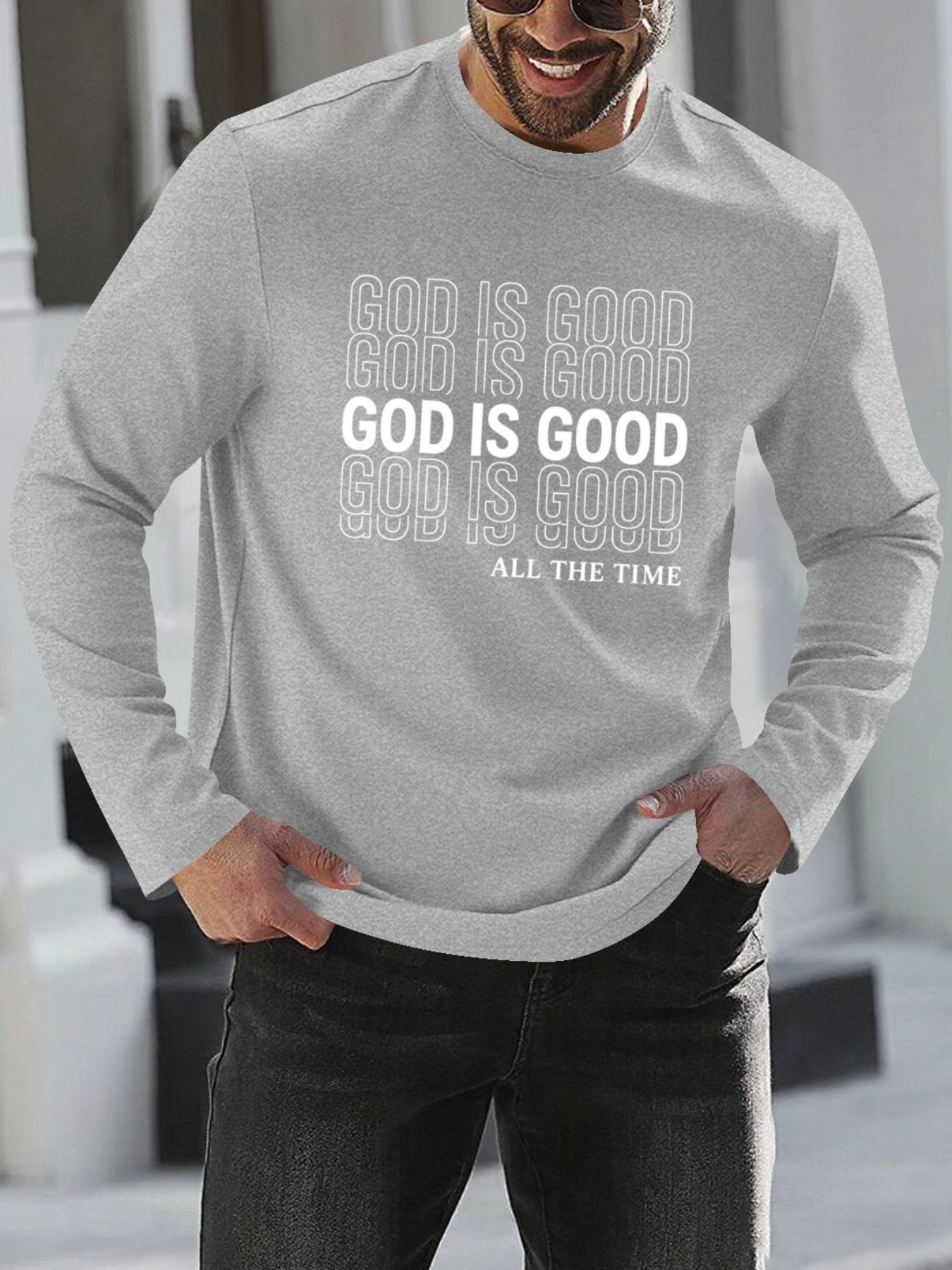 Men's Oversized Christian Faith T-Shirt with "God is Good All The Time" Print - Breathable Long Sleeve Casual Round Neck Shirt for Church, Casual Attire & Religious Events - Spring/Fall Comfort Fit (Adults & Teens) - Medium S