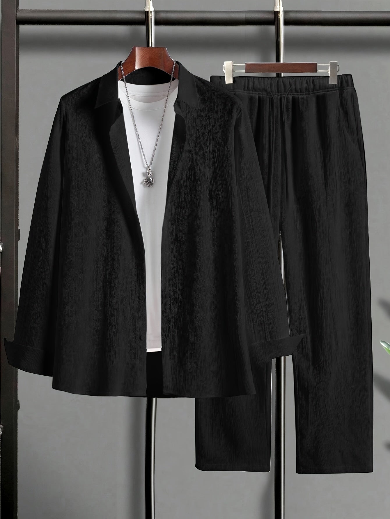 [Plus Size 2pcs Outfit] Stylish Comfort, Plus Size Men's Casual 2pcs Outfit | Solid Color Hoodie and Pants Set, Big and Tall, Machine Washable