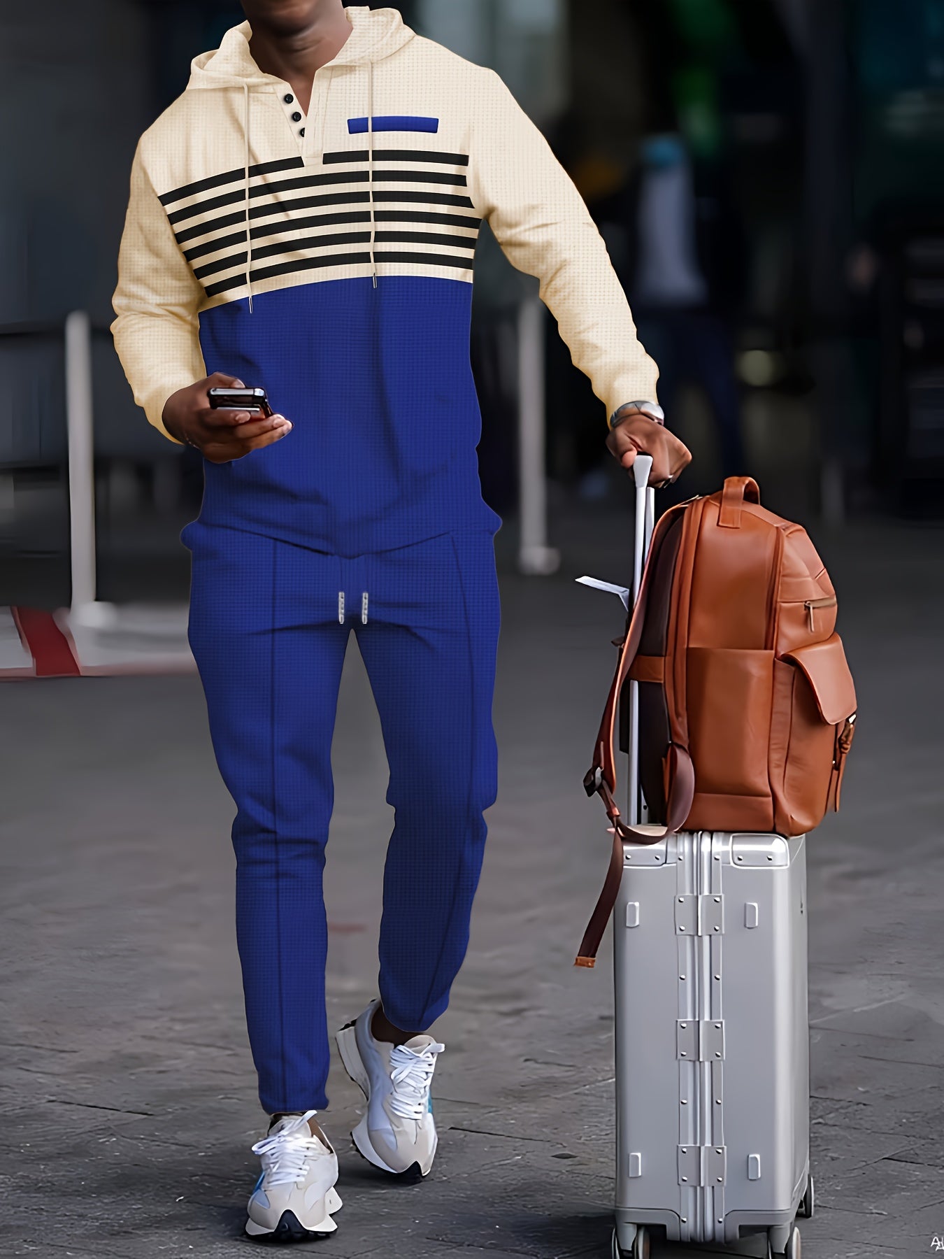 New Men's Casual Set Outdoor Versatile High Fashion Men's Hoodie Color blocked Striped Long Sleeve Top Long Pants Two Piece Set for Men