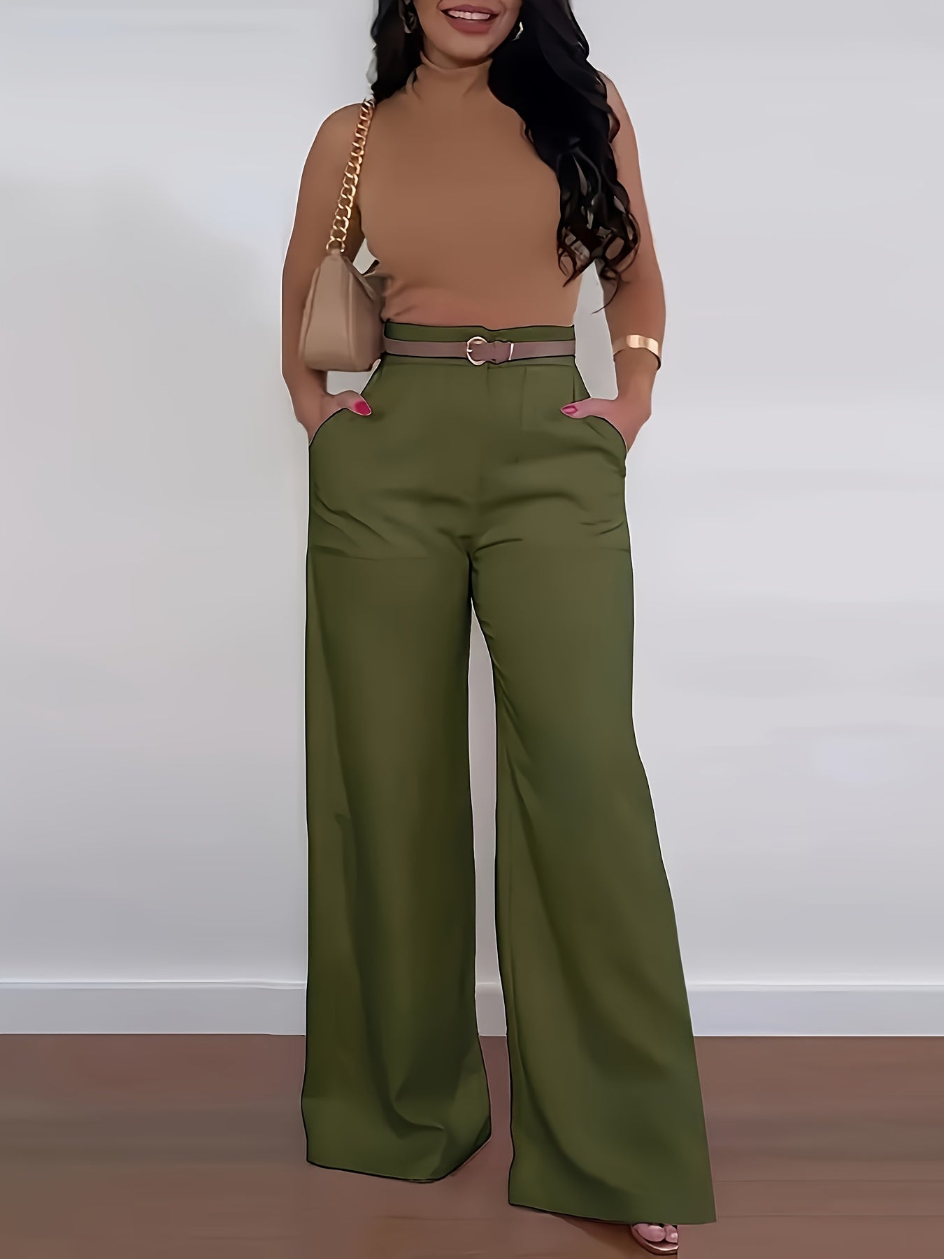 2pcs Women'S High-Waist Wide-Leg Pants - Elegant Solid Color Straight-Leg Cargo Pants with Large Pockets, All-Season Comfort, Olive Green & White, Perfect for Casual or Stylish Outfits, High Waisted Pants, Versatile Clothing,