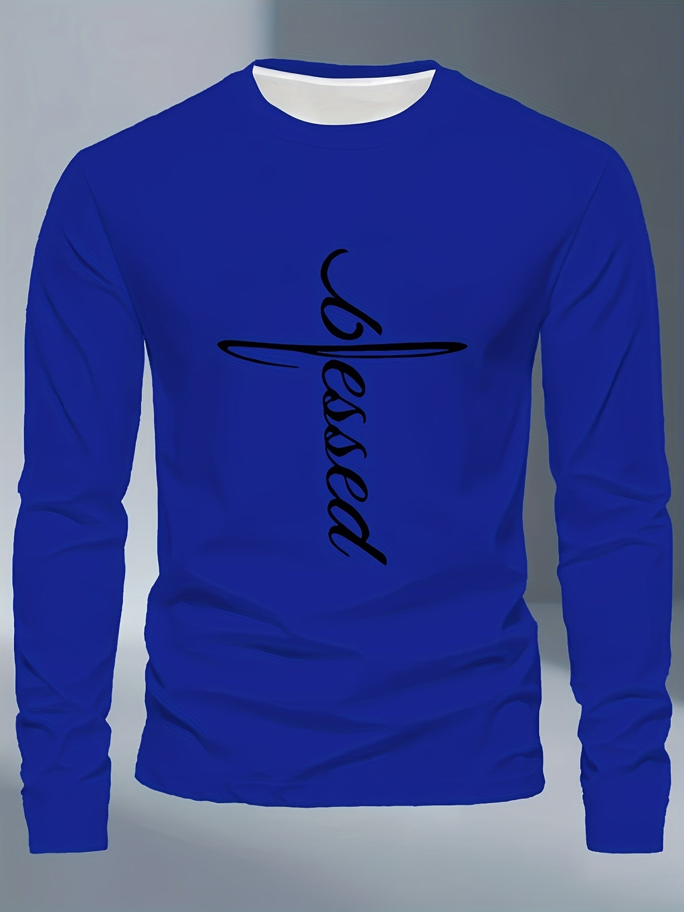 Men's Plus Size Long Sleeve T-Shirt - Dark Gray/Black Blessed Script & Cross - Soft Everyday & Formal Shirt - Machine Washable Casual Top for Religious Events Casual Attire, Event Apparel, Graphic Tee, Comfortable Fit, Comfor