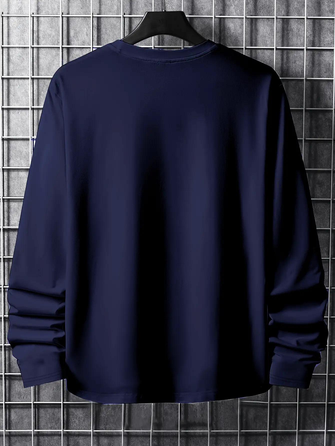 3pcs Set Men'S Plus Size Long Sleeve T-Shirts - Wrinkle-Resistant Polyester, Blue/Gray/Black with Golden Letter Print, Stand Collar Casual Shirts for Spring & Fall, Versatile for Parties & Casual Attire, Anti-Wrinkle Technolo