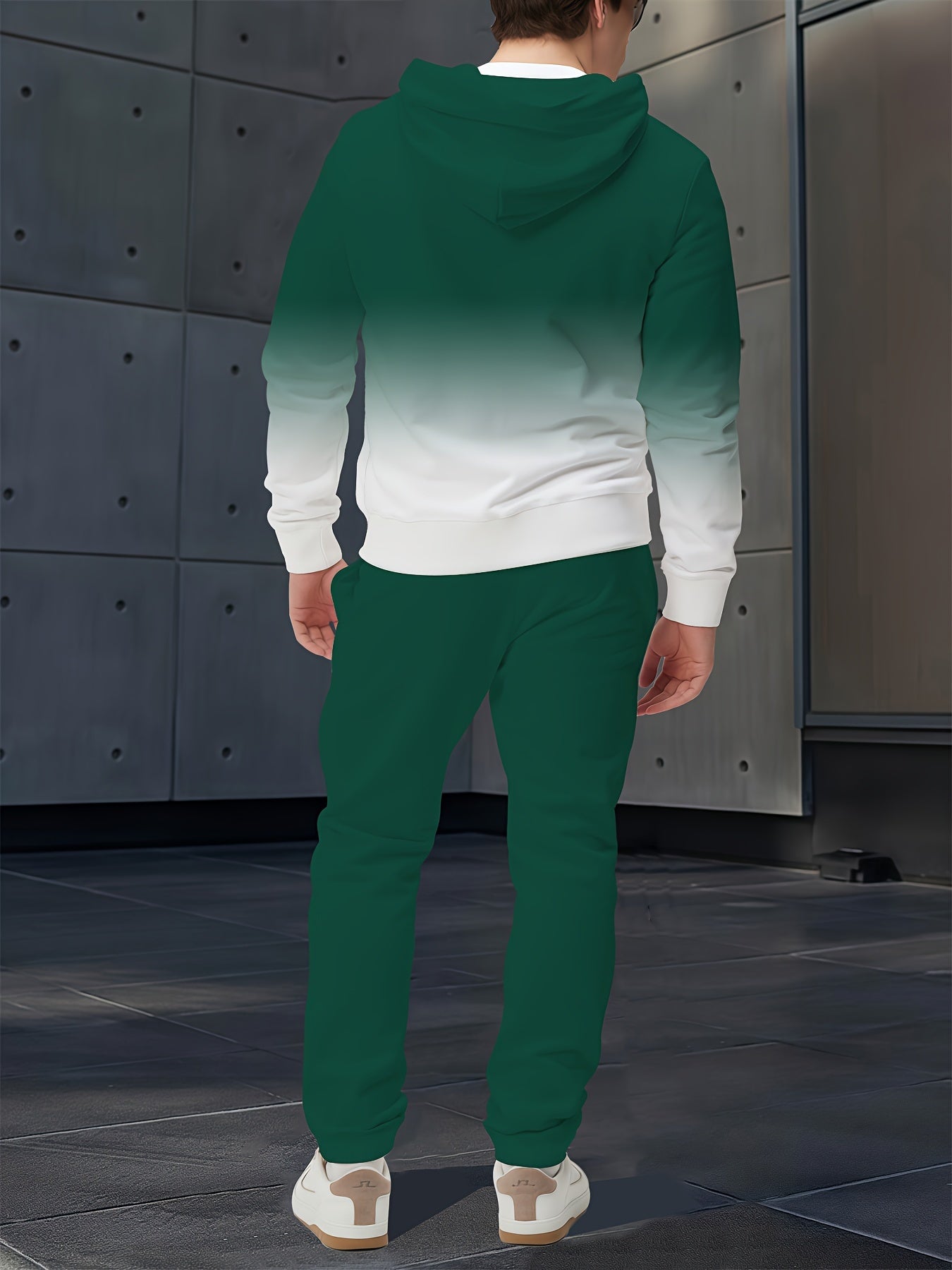 2pcs Gradient Letter 3D Digital Print Hooded Sweatshirt & Sweatpants Set - Unisex Couple Matching Outfits, Green to White Ombre with Faith Lettering, Full-Zip Hoodie & Elastic Waist Joggers, Machine Washable Casual Gym & Casu