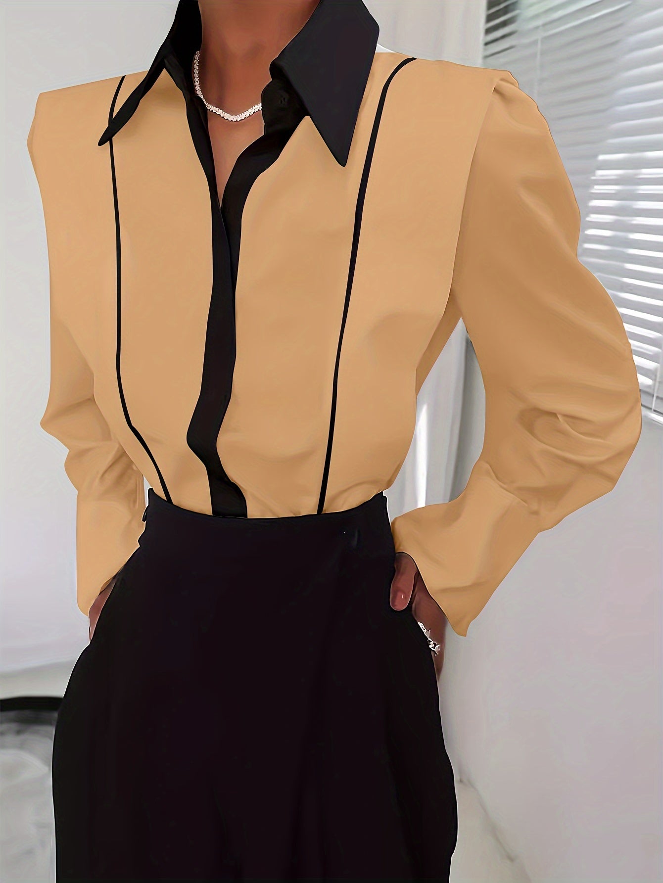 Women's Casual Contrast Trim Long Sleeve Shirt - Black & White Button-Up Blouse with Classic Collar, Semi-Sheer Fabric, Machine Washable, Elegant Office & Everyday Top, Versatile Fashion, Sophisticated Detailing